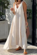 Casual Vacation Solid Buttons V Neck Beach Dress Dresses