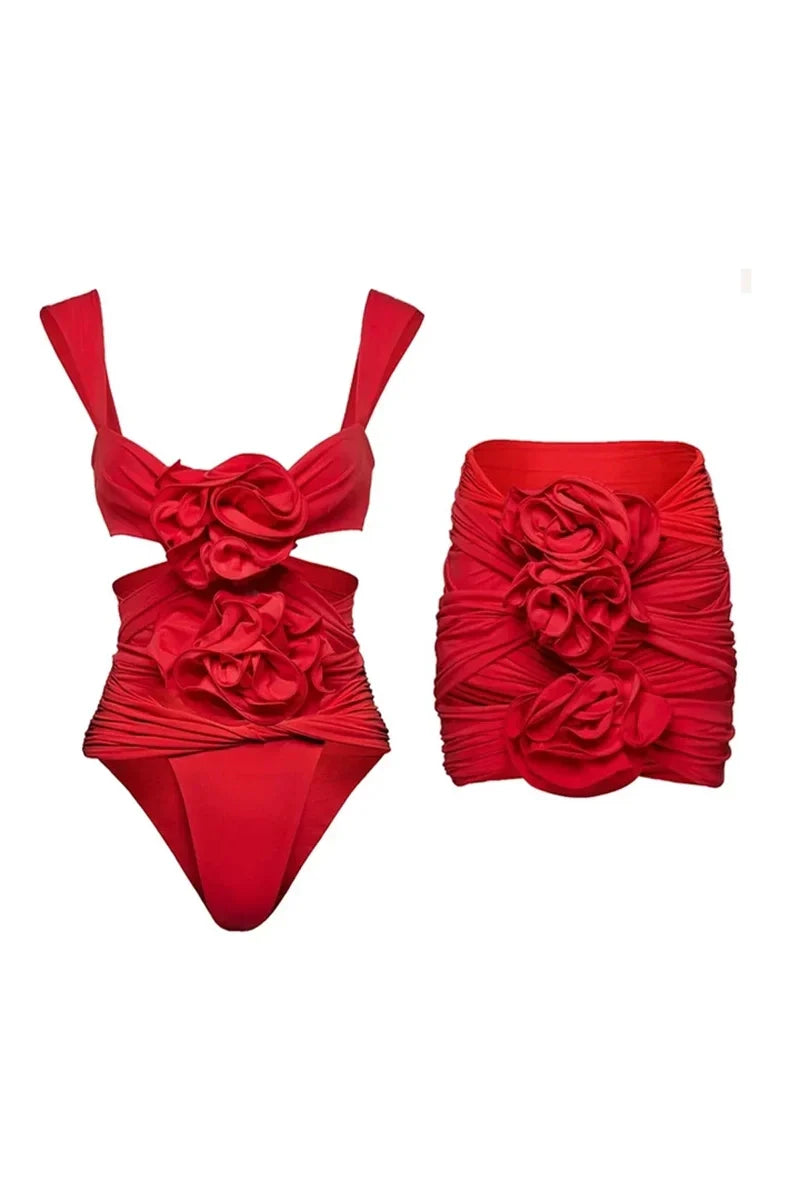 Red Cutout Floral Appliqu¨¦ Strappy Swimsuit