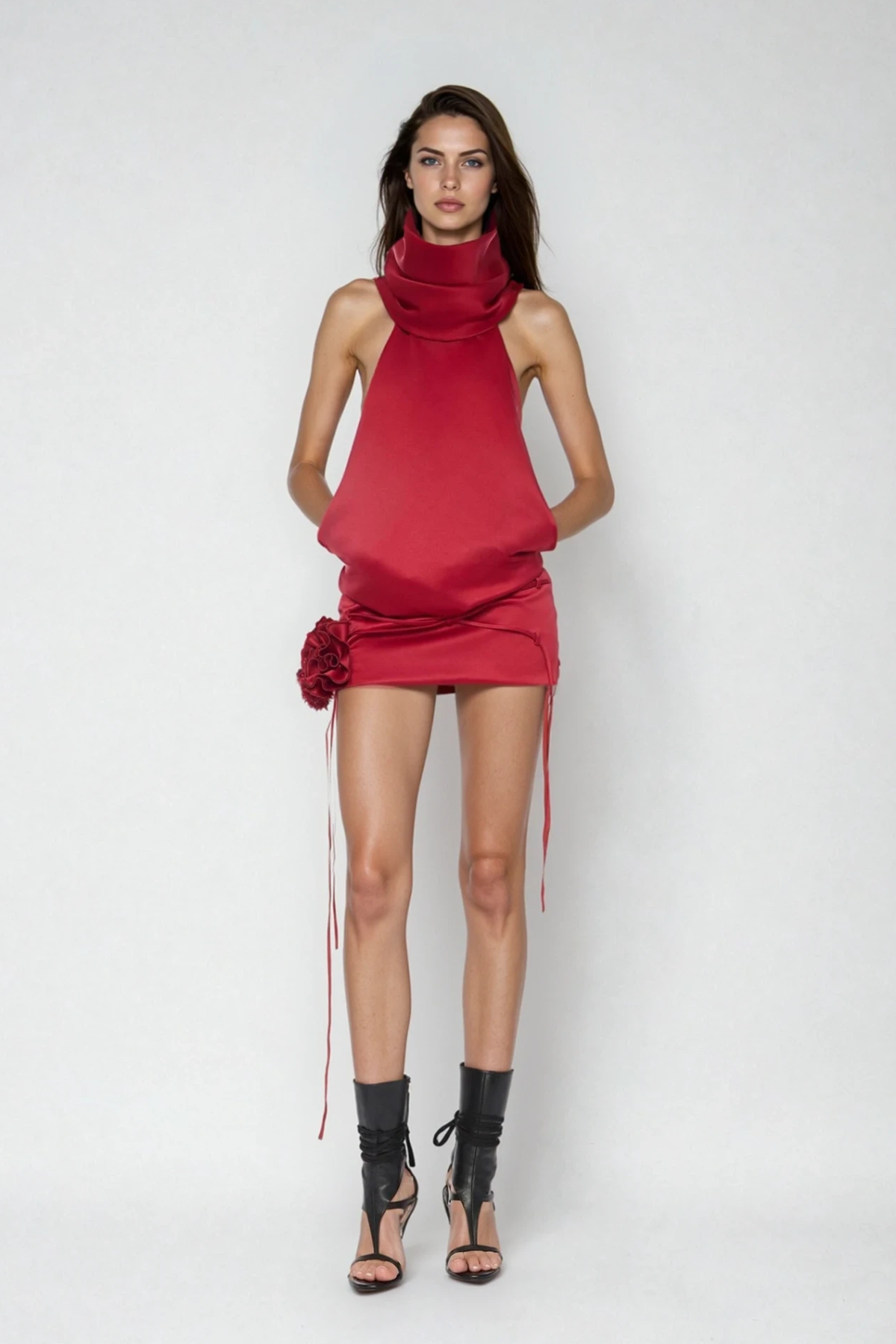 Diyan Funnel Neck Backless Flower Mini Dress