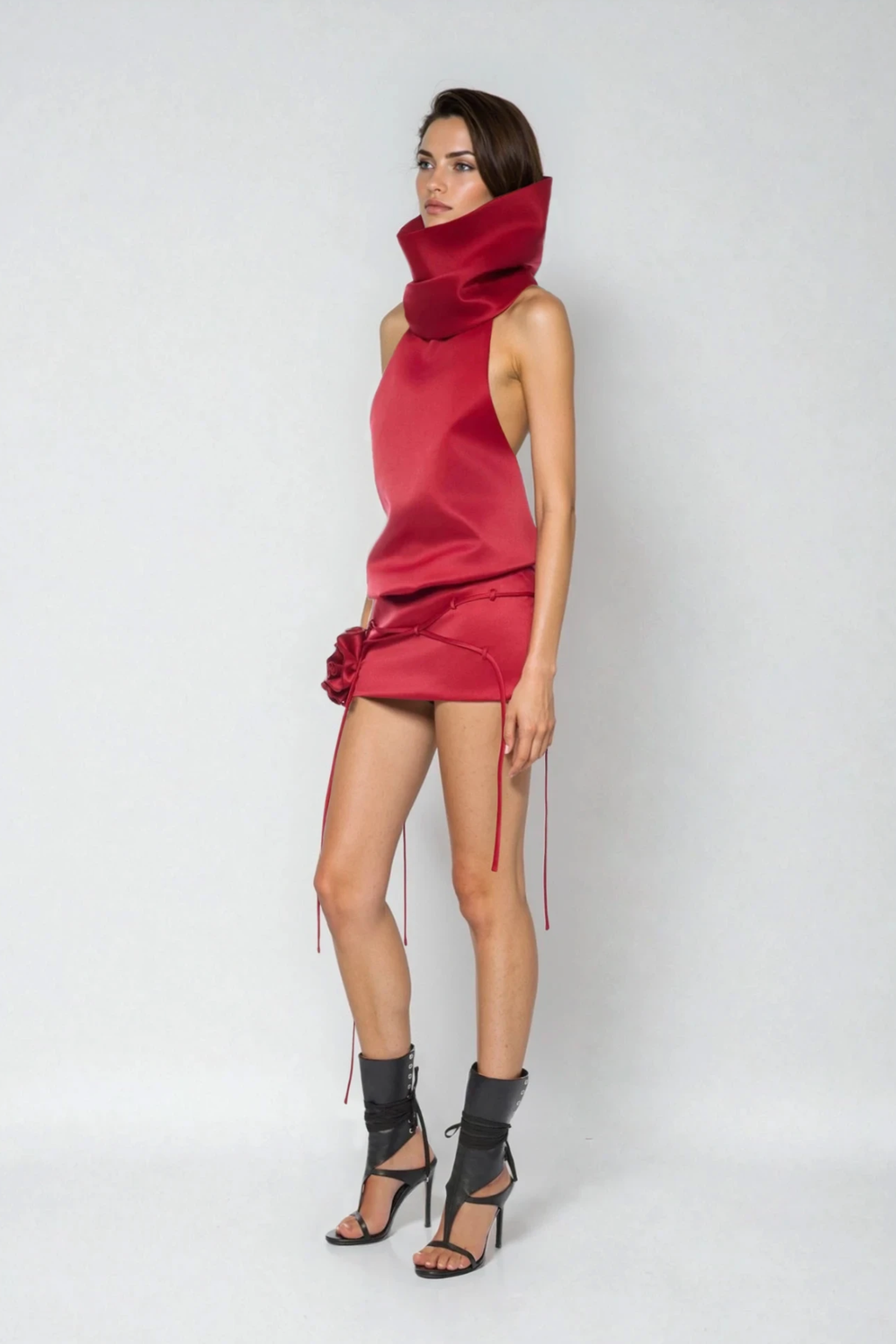 Diyan Funnel Neck Backless Flower Mini Dress