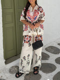 Unique And Exquisite Ethnic Floral Print Elastic Waist Pocket Wide Leg Pants-Set