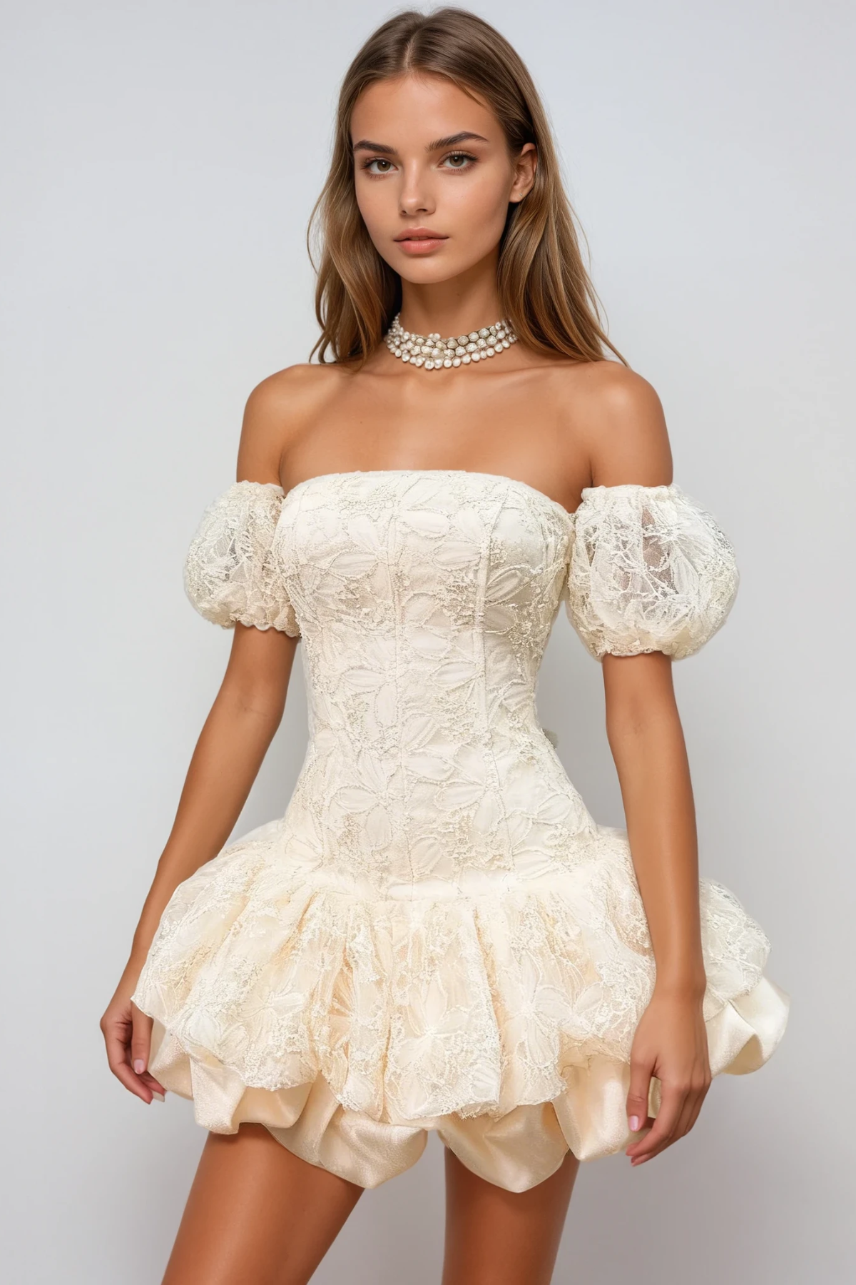 Donagh Strapless Floral Bubble Mini Dress In Beige