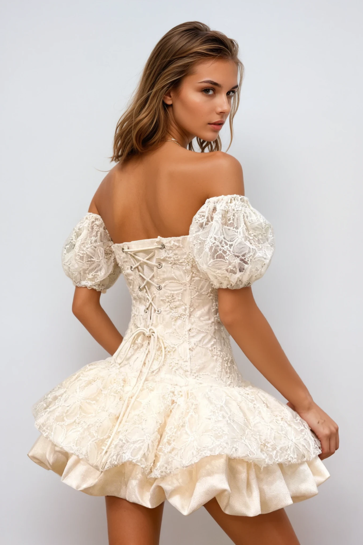 Donagh Strapless Floral Bubble Mini Dress In Beige