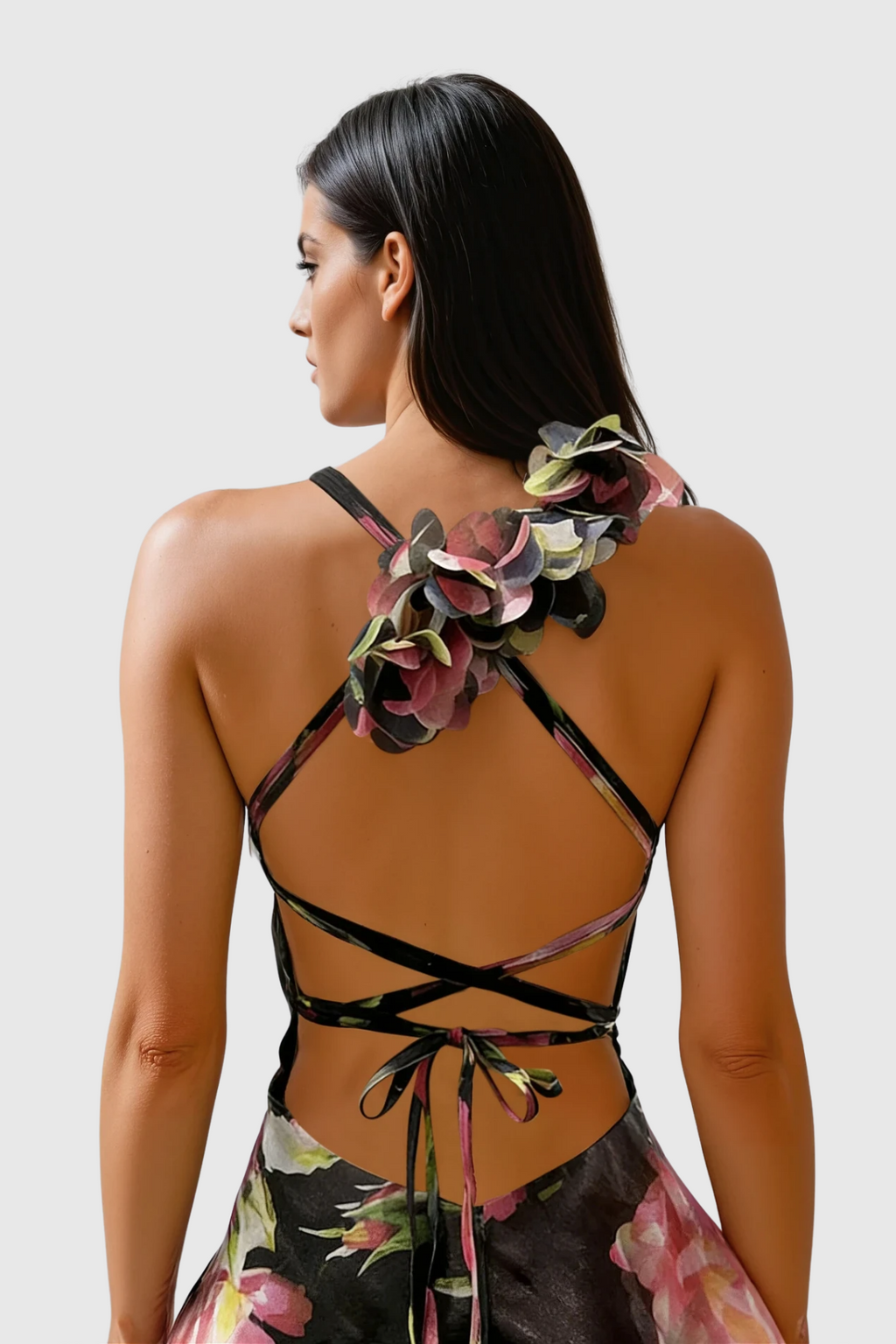 Pera Floral Appliqu¨¦ Ruffle Mini Dress - Black