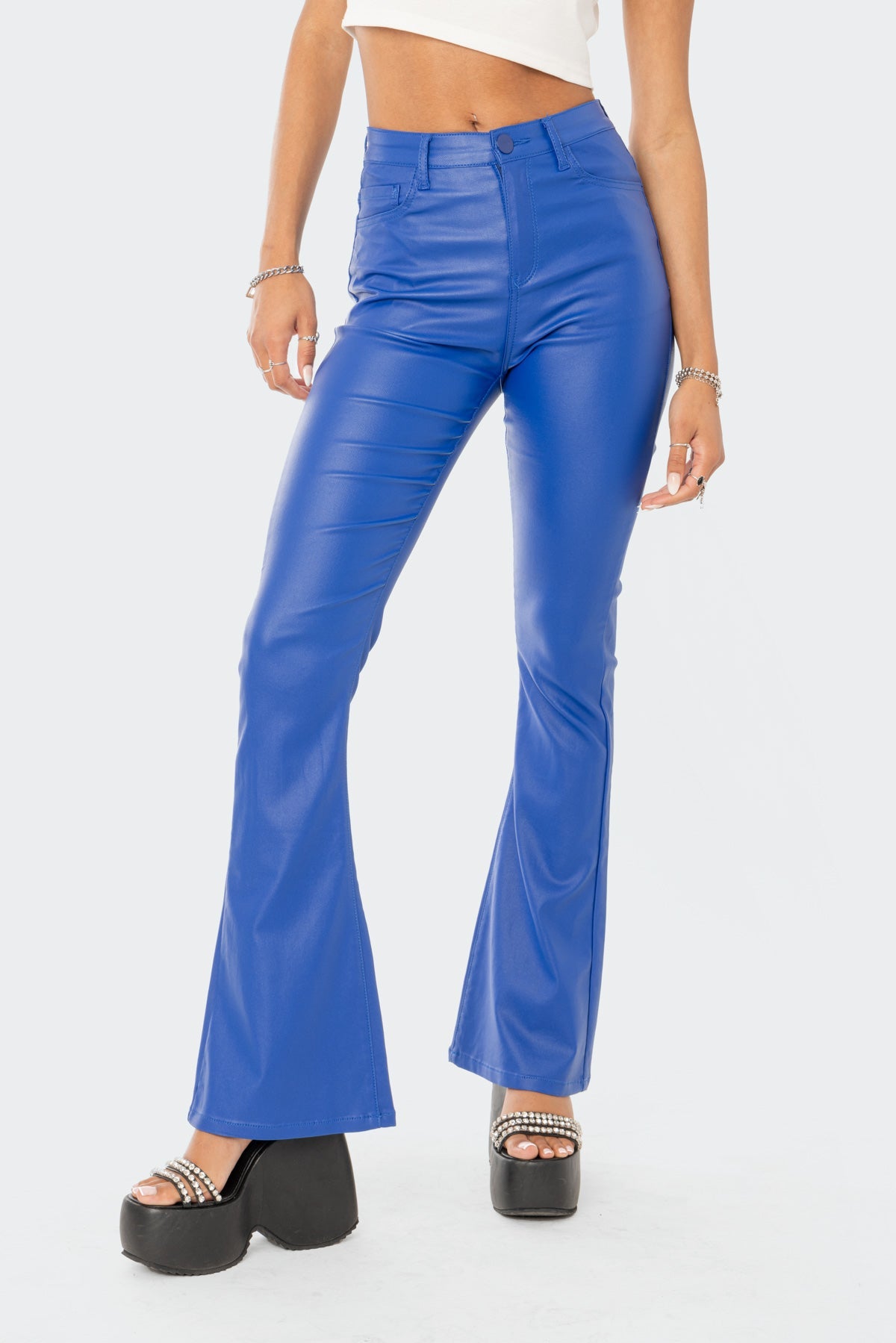 Luna Faux Leather Mid Rise Flared Jeans