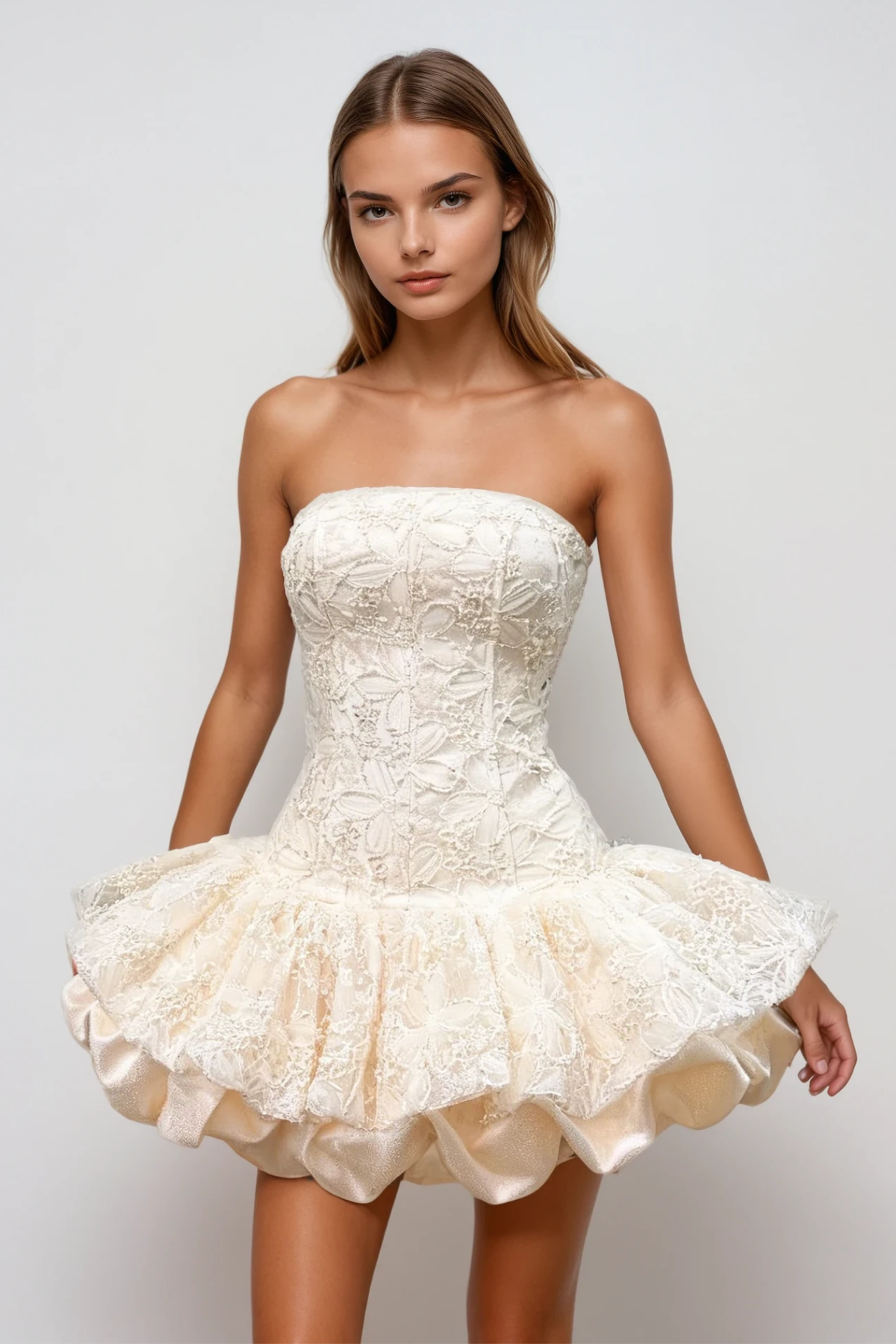 Donagh Strapless Floral Bubble Mini Dress In Beige