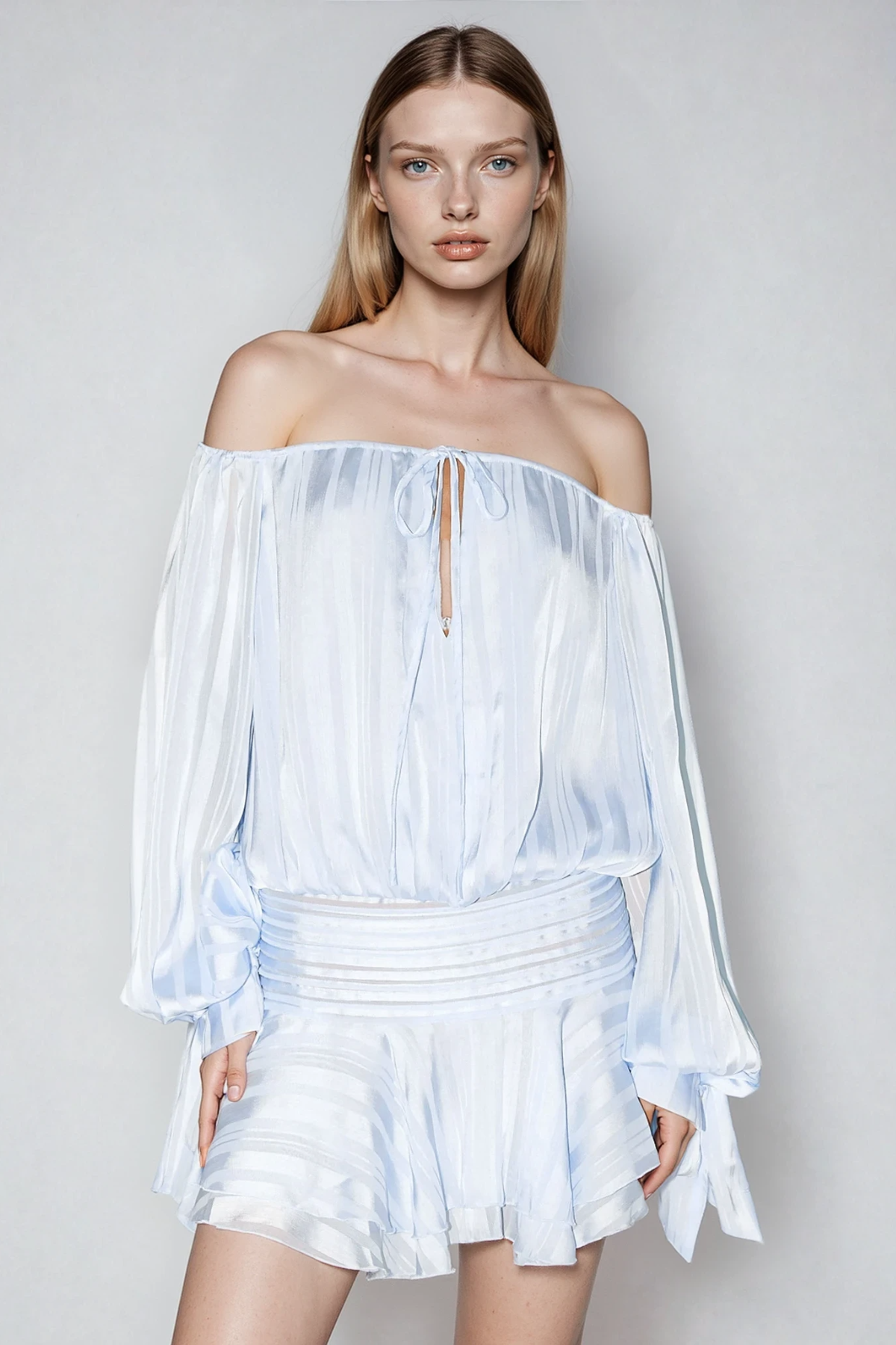 Dorota Off Shoulder Ruch Stripe Mini Dress