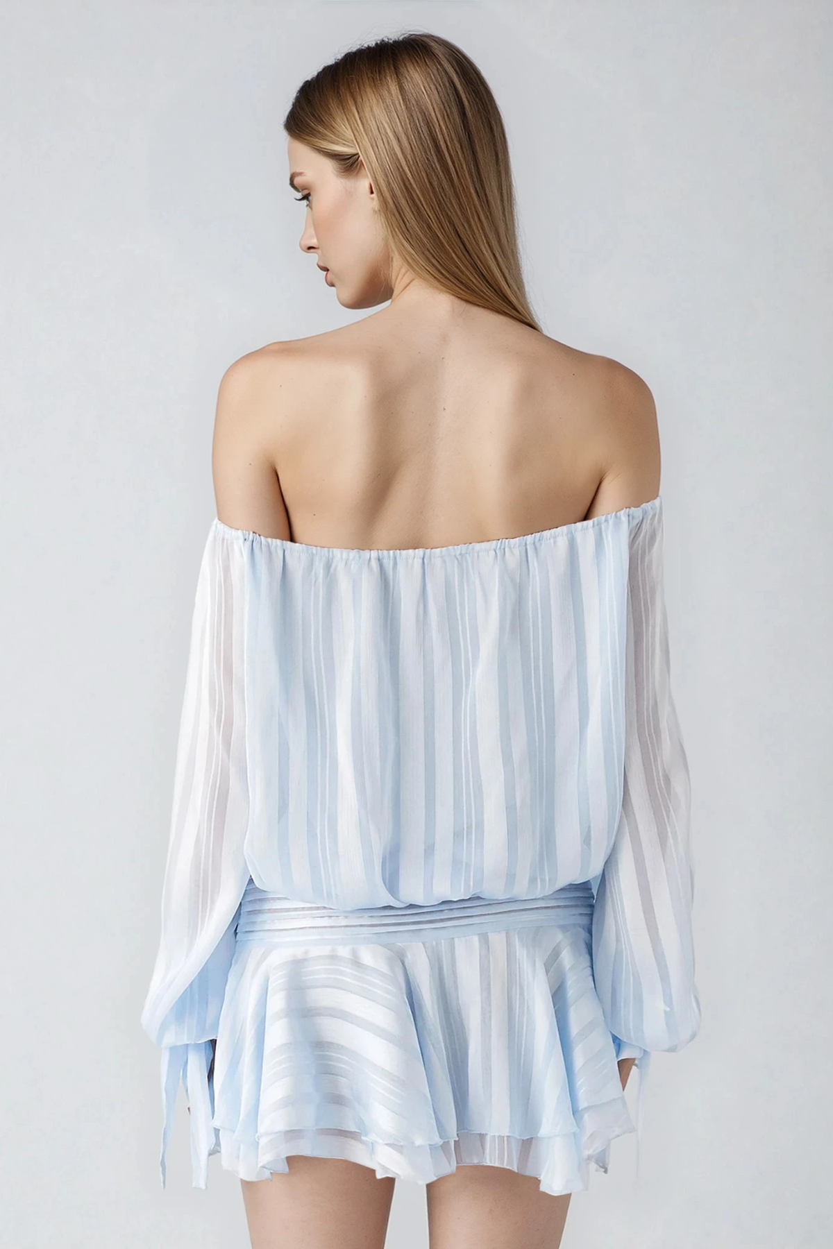 Dorota Off Shoulder Ruch Stripe Mini Dress