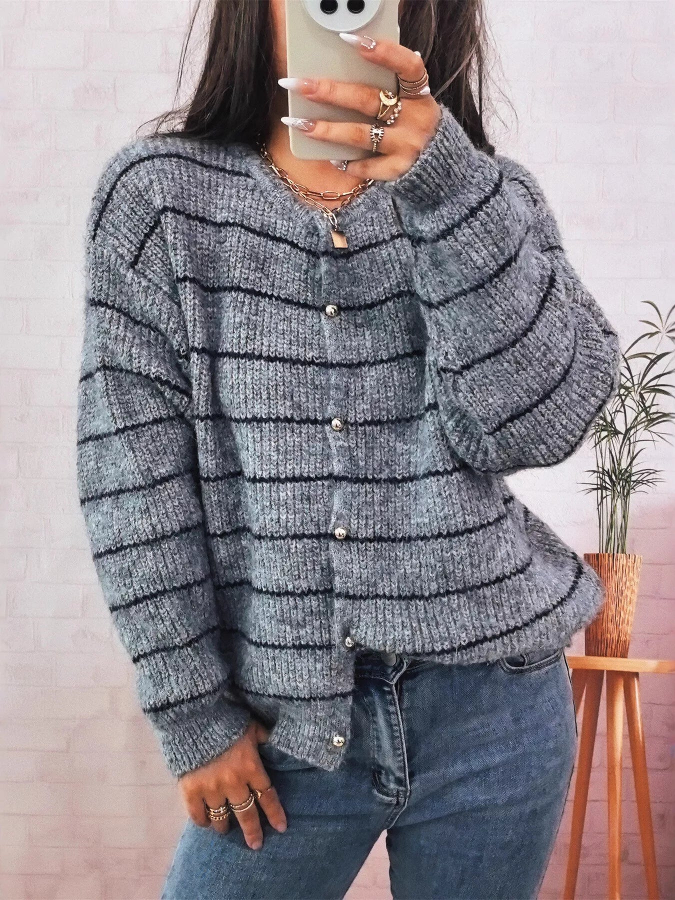 Striped Button Up Long Sleeve Cardigan