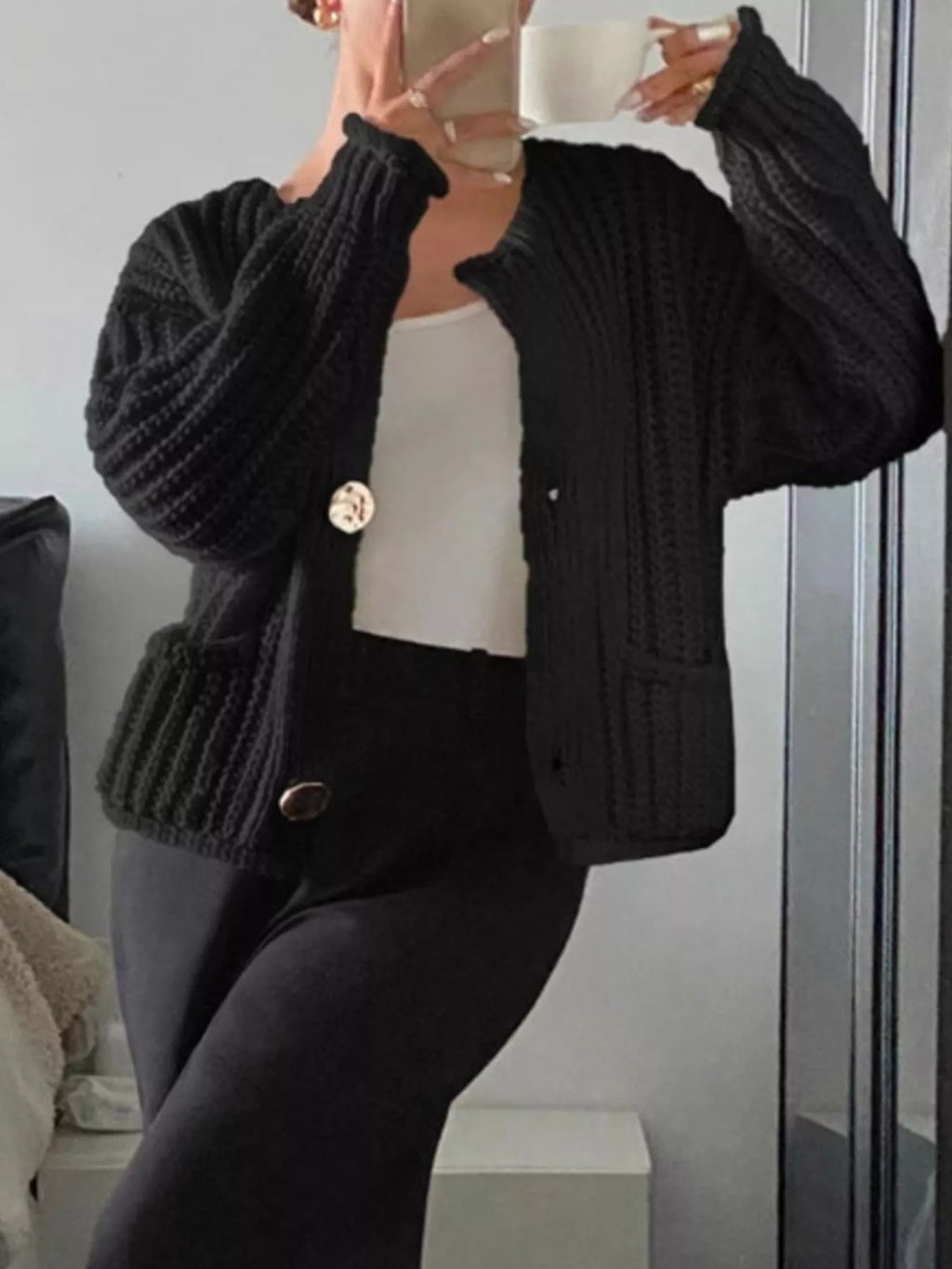 Button Up Dropped Shoulder Cardigan