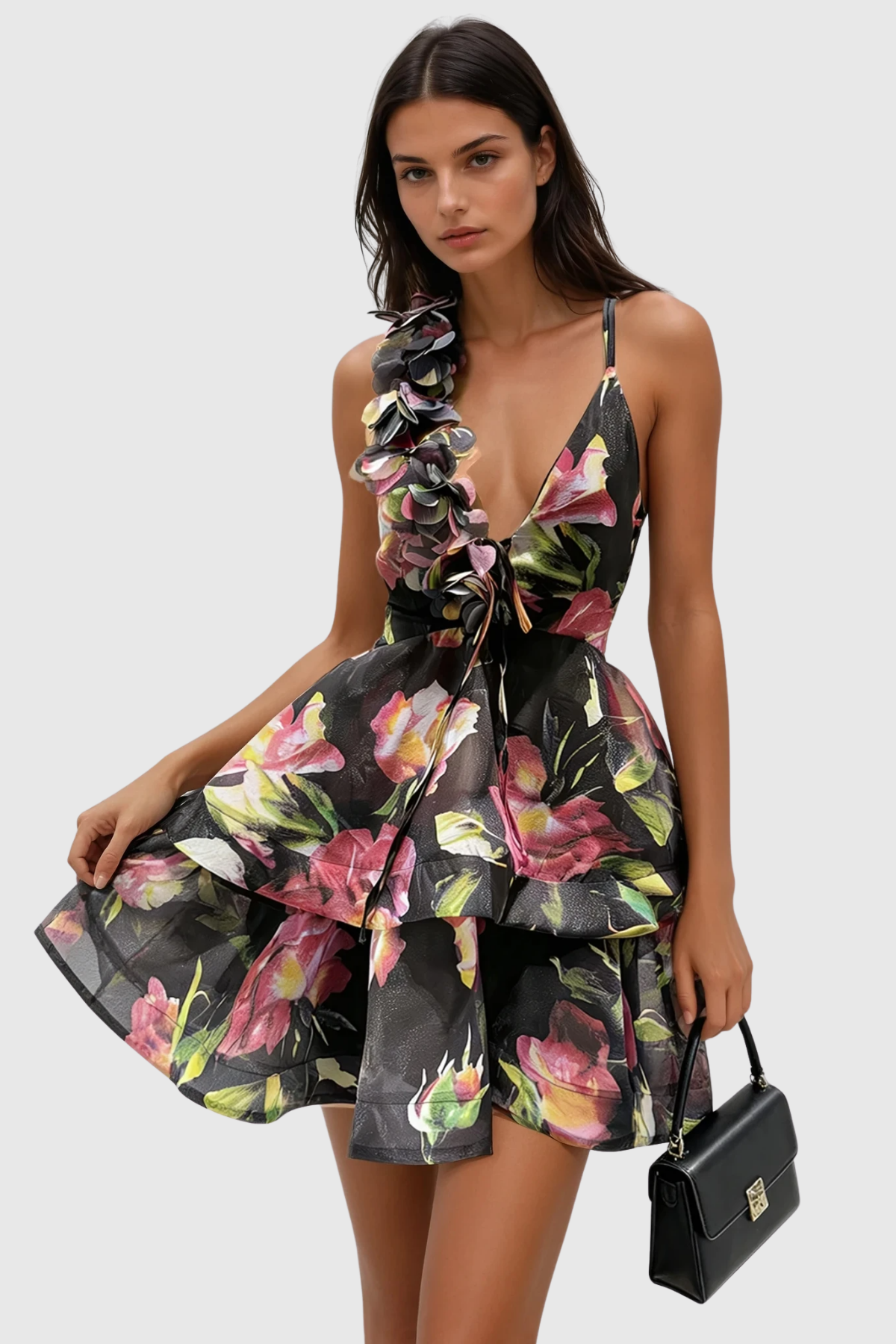 Pera Floral Appliqu¨¦ Ruffle Mini Dress - Black