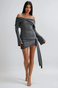 Dorthe Strapless Tie Up Knit Mini Dress In Grey