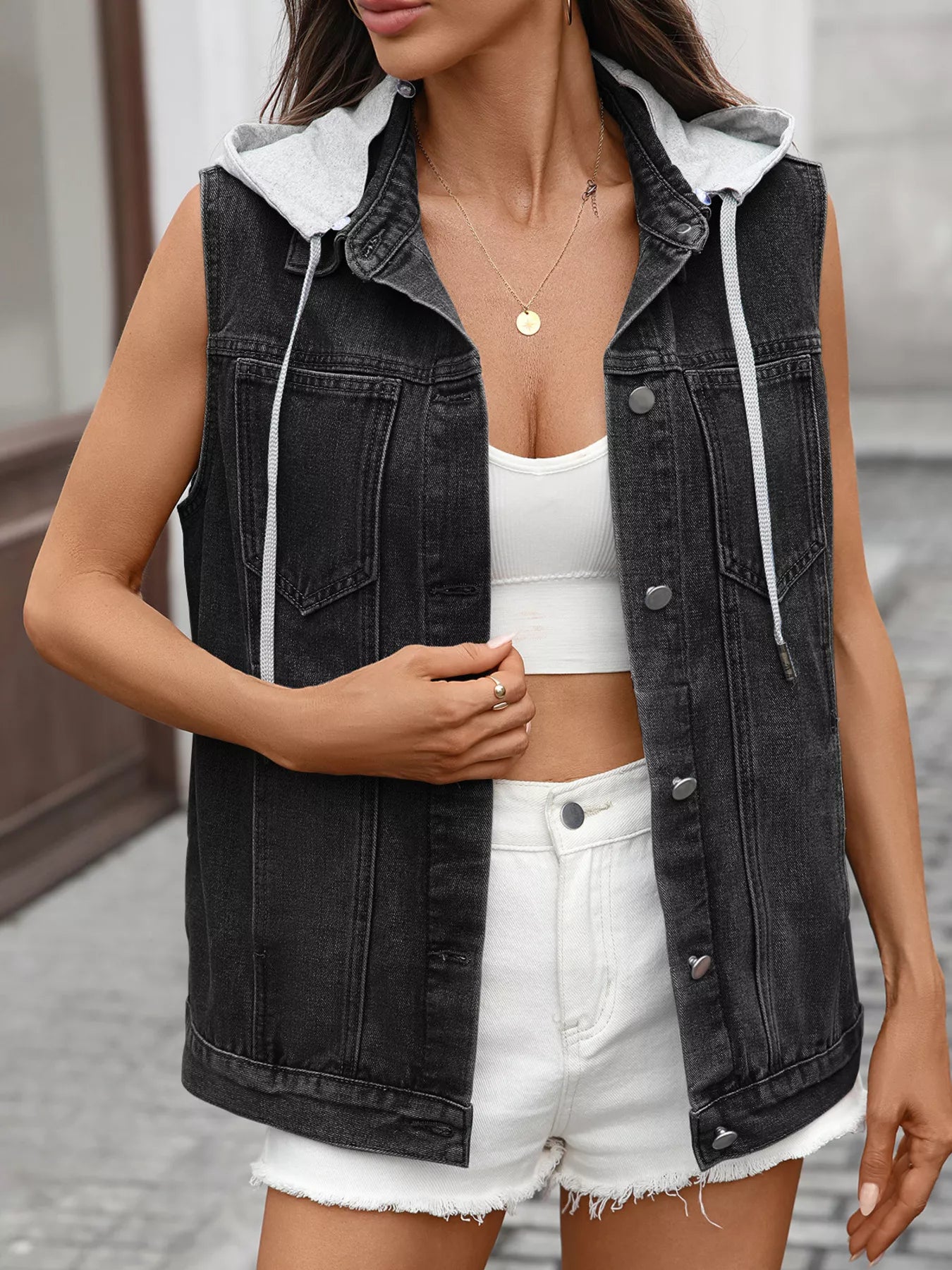 Button Up Removable Hooded Sleeveless Denim Jacket