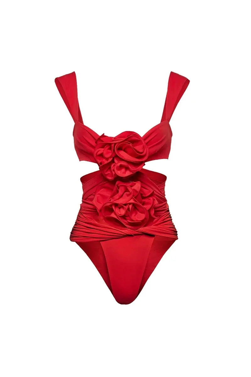 Red Cutout Floral Appliqu¨¦ Strappy Swimsuit
