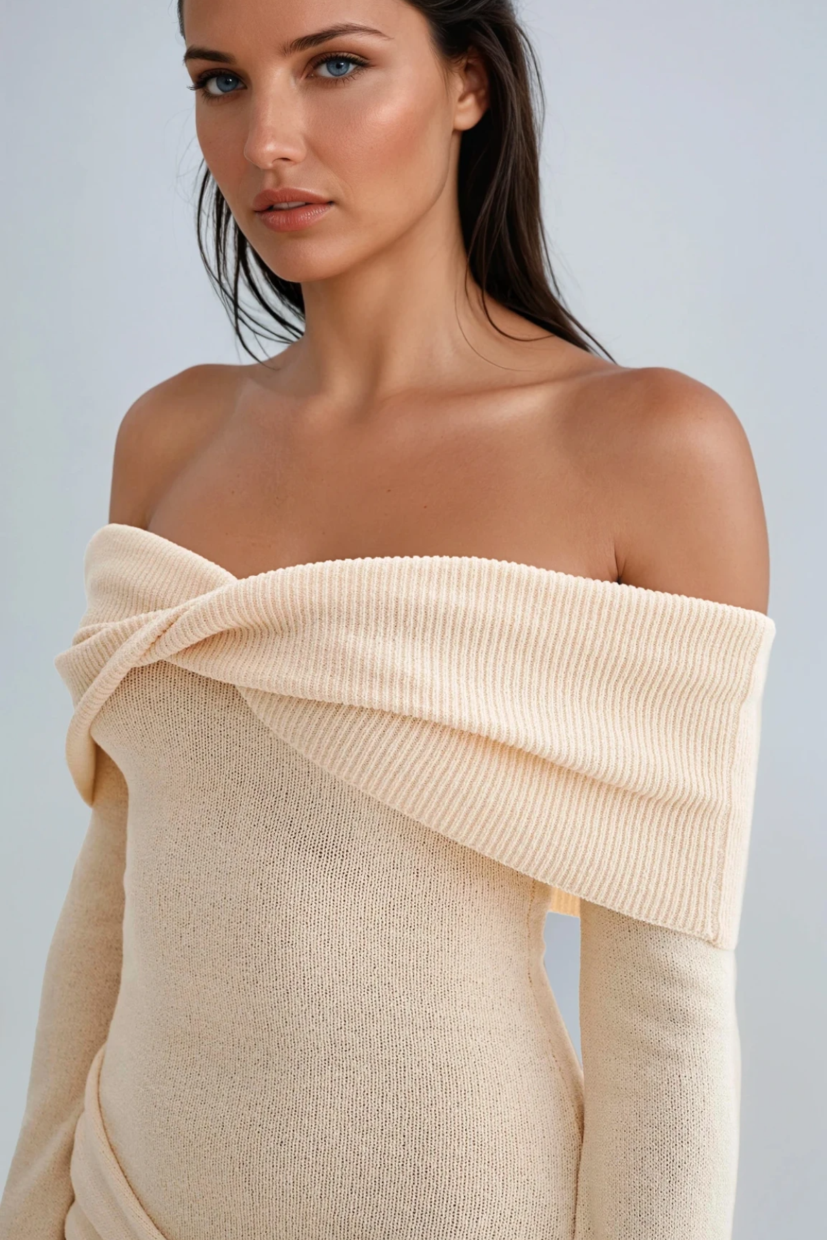 Dorthe Strapless Tie Up Knit Mini Dress In Beige