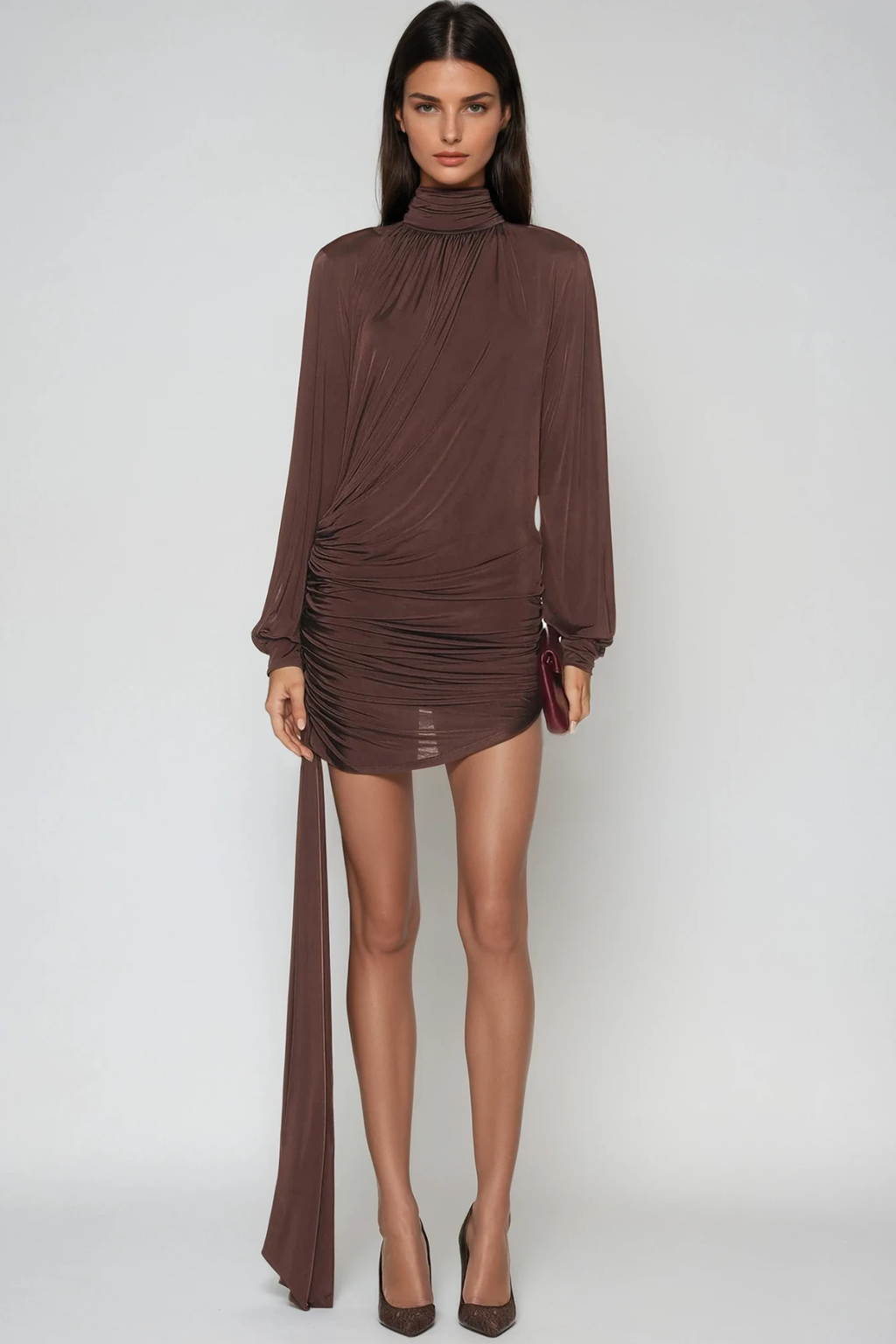 Domenica High Neck Ruch Fringe Mini Dress