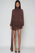 Domenica High Neck Ruch Fringe Mini Dress