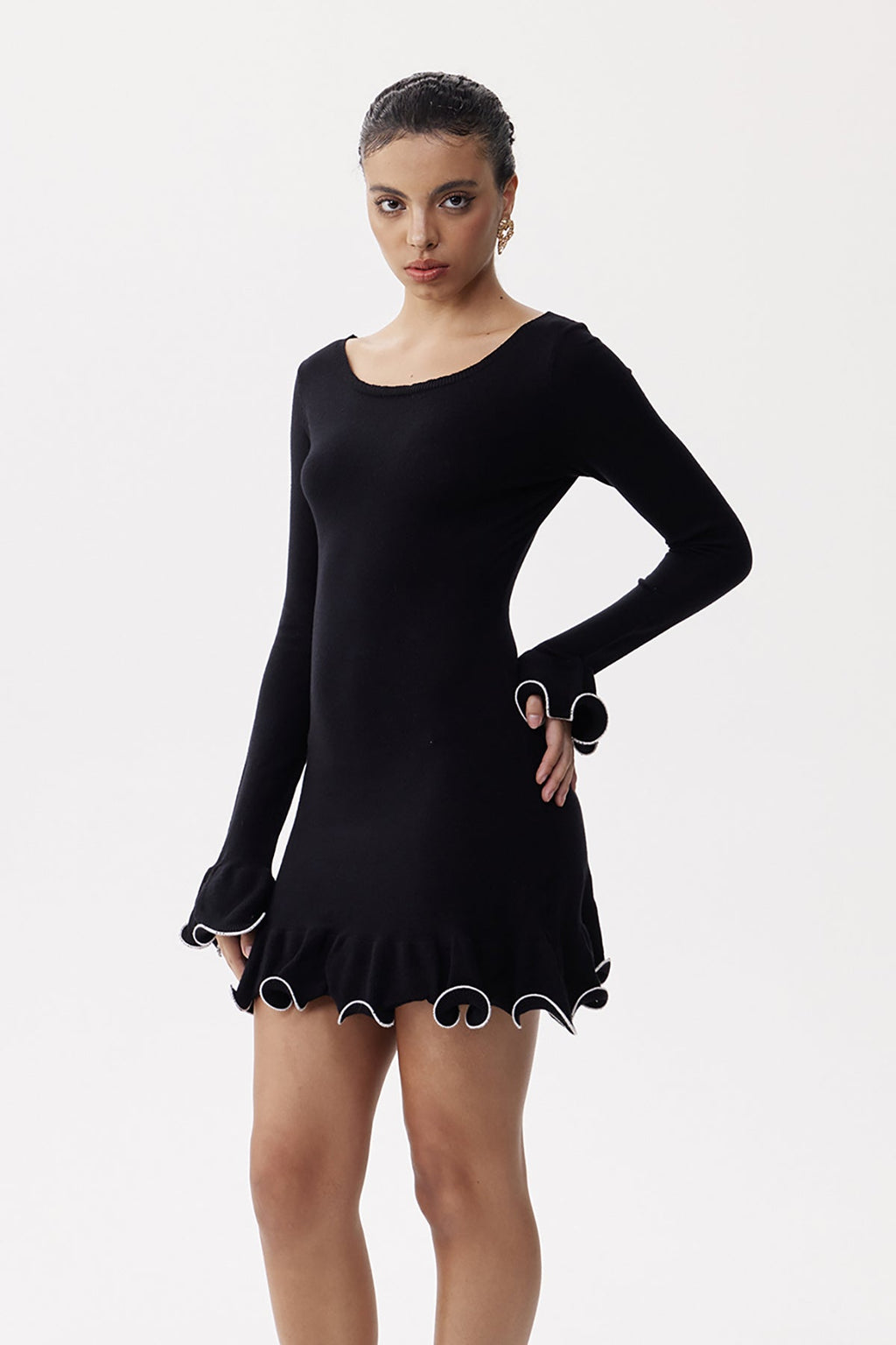 Anand Asymmetric Wavy Long Sleeve Mini Dress In Black