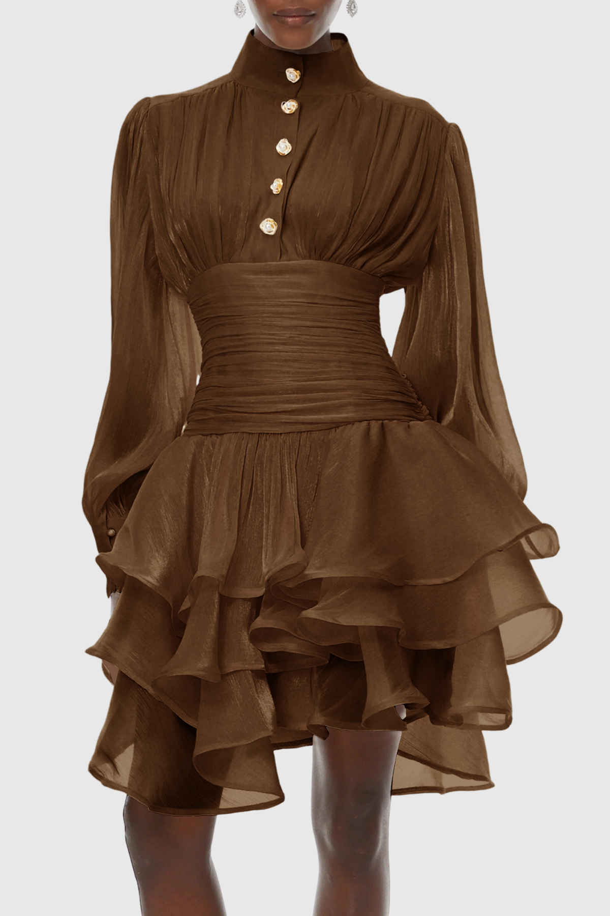 Ansela Ruffle Ruched Mini Dress - Brown