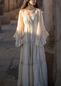 Cotton Beige Art Up Long Lace Sleeve Wrinkled Flare Dress