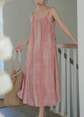 Art On Pink Sides Linen Waist Both Tie Wear Dress Spaghetti Strap