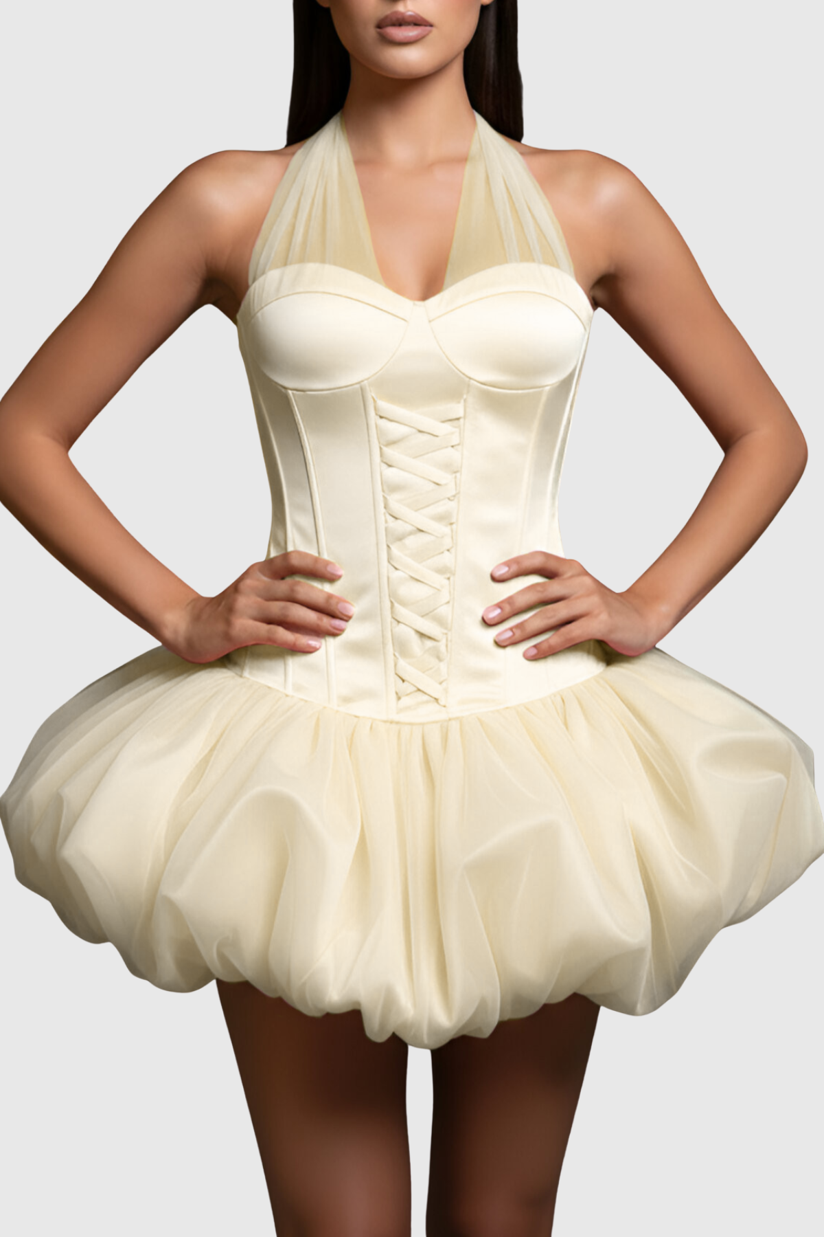 Benaia Lace Up Halter Bubble Mini Dress - Beige