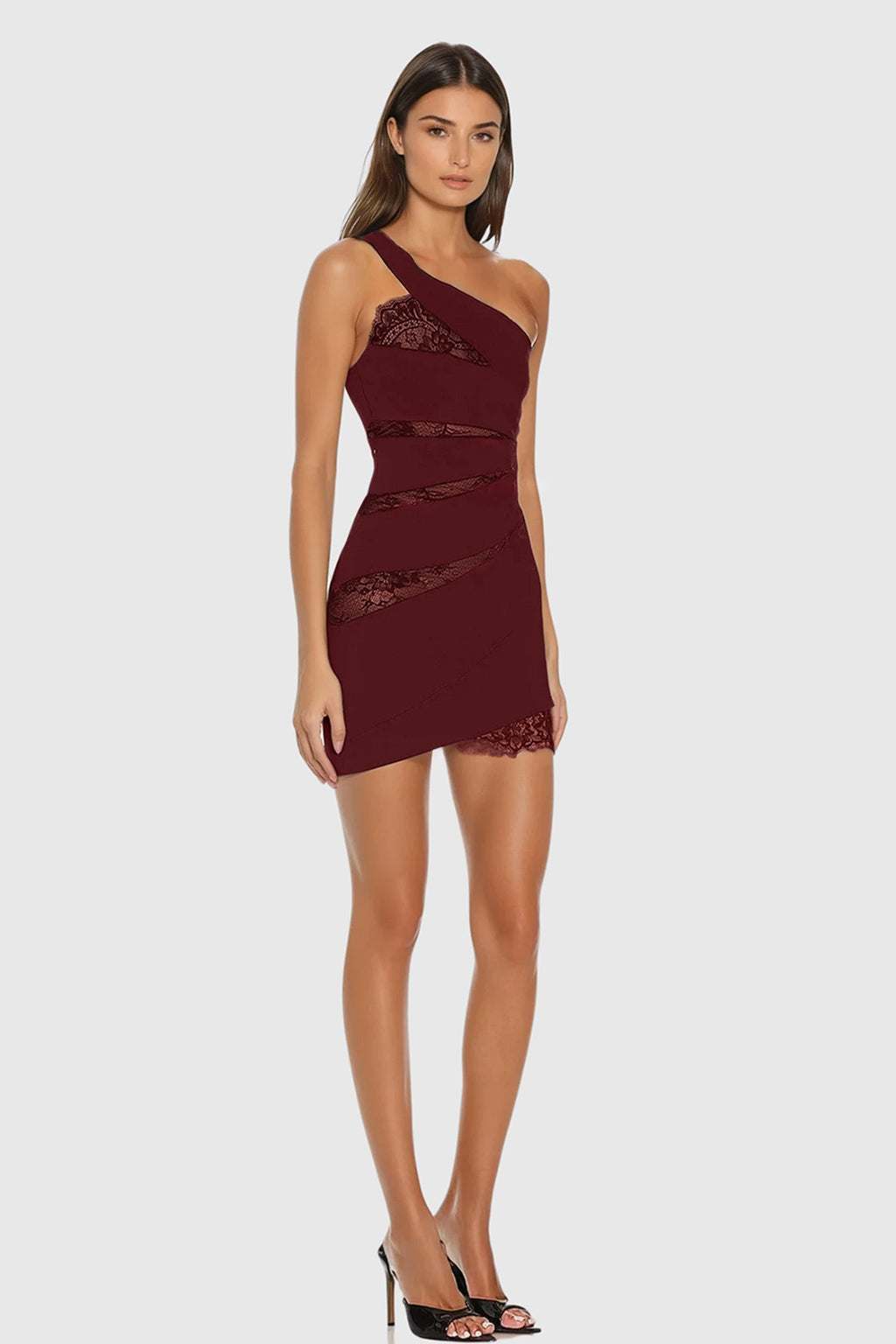 Bidelia Lace Mesh Single Shoulder Mini Dress In Red