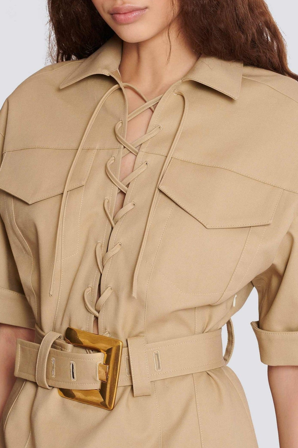 Brena Lace Up Belted Mini Dress - Khaki
