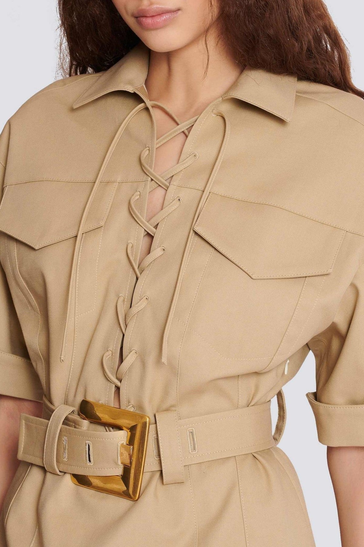 Brena Lace Up Belted Mini Dress - Khaki