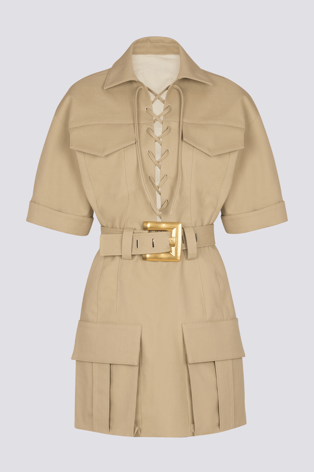Brena Lace Up Belted Mini Dress - Khaki
