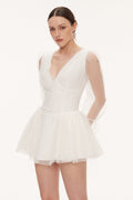 Danyal Flower Balloon Sleeve Mesh Mini Dress In White