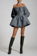 Daoud Off Shoulder Ruch Mini Dress In Grey