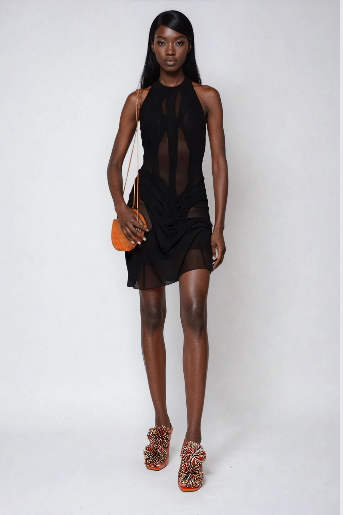 Davion Halter Neck Ruch Asymmetric Mini Dress In Black