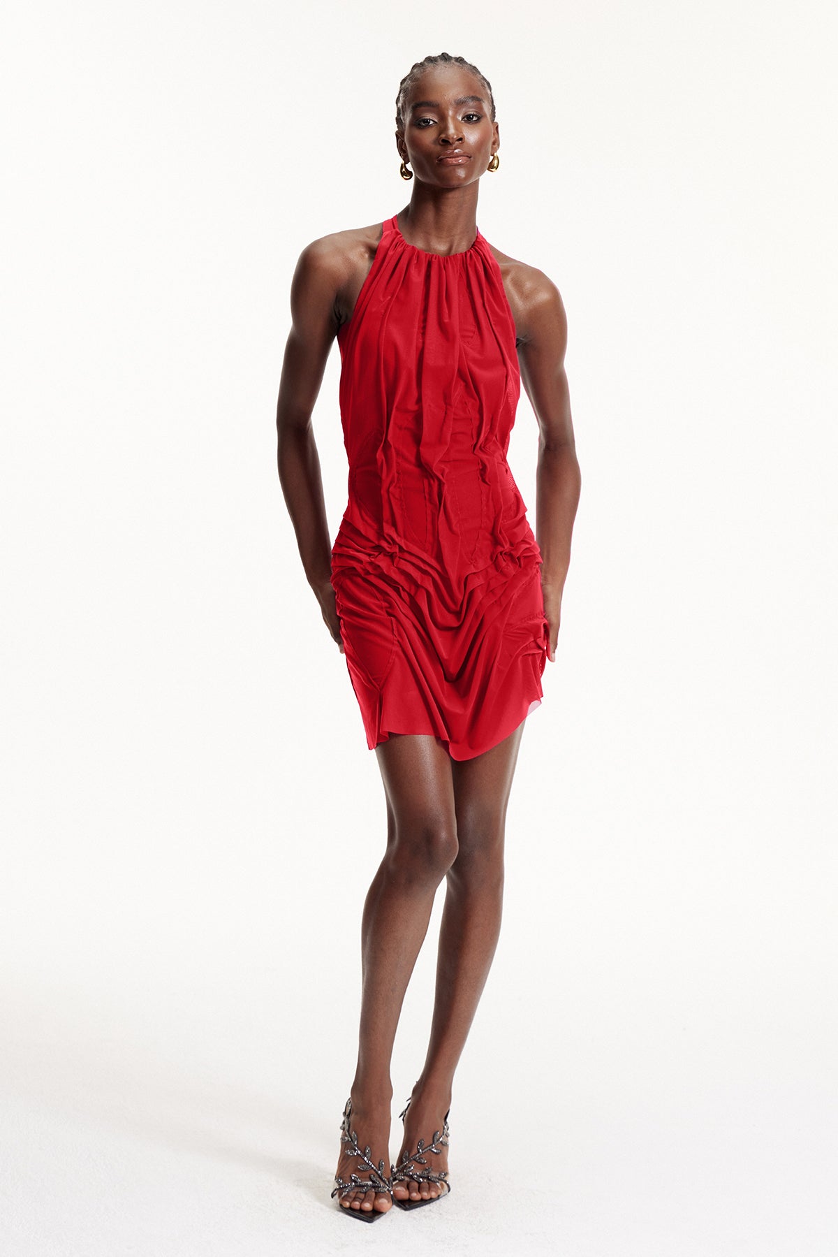 Davion Halter Neck Ruch Asymmetric Mini Dress In Red