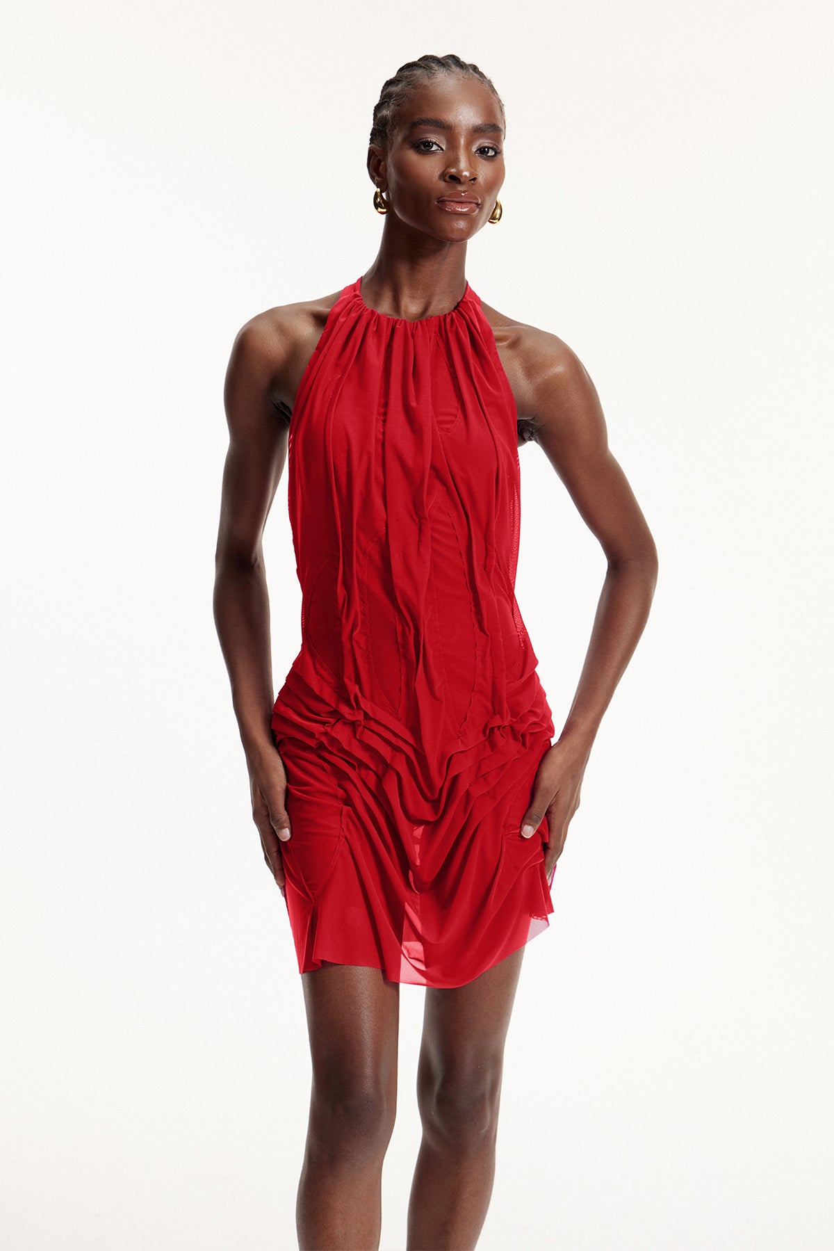 Davion Halter Neck Ruch Asymmetric Mini Dress In Red