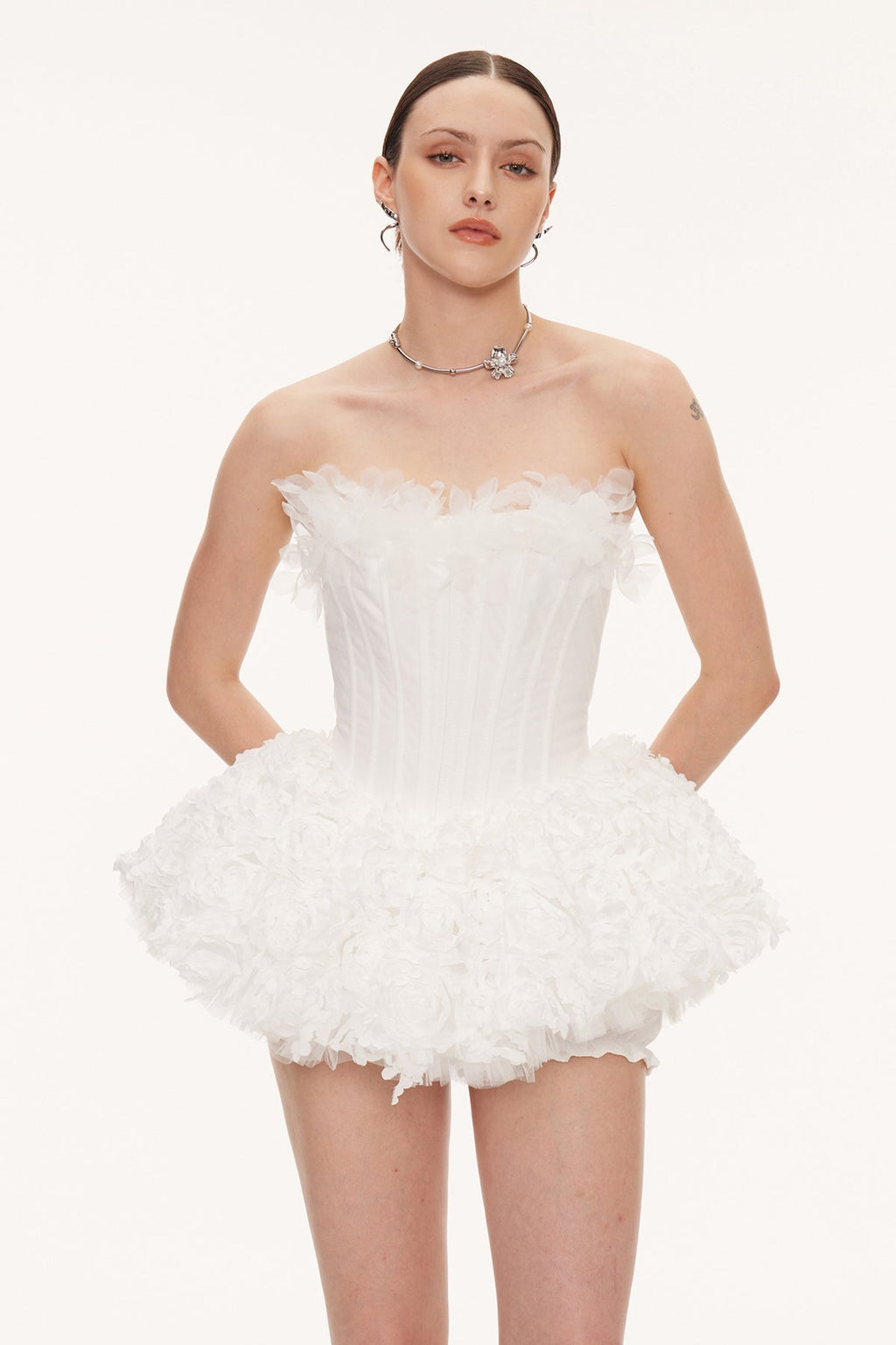 Daxton Corset Flower Puffy Mini Dress In White