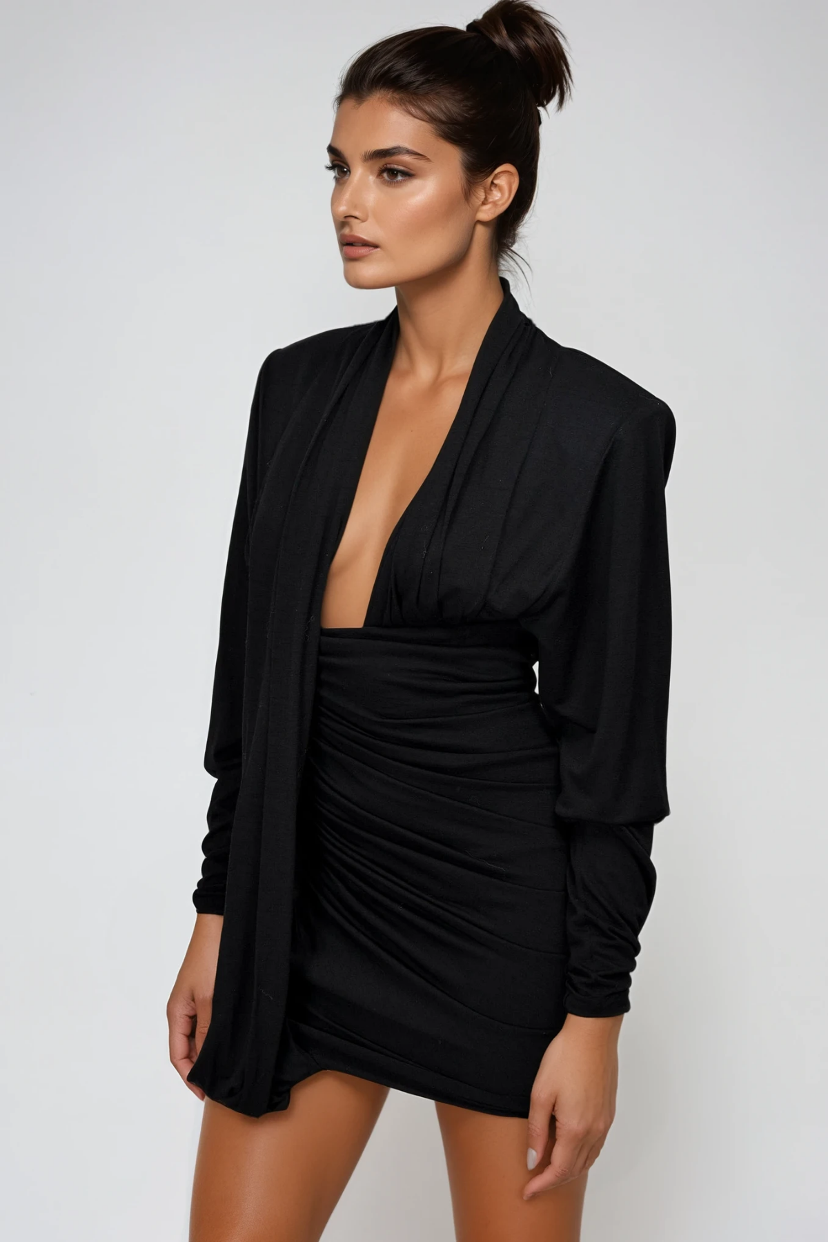 Dermid Long Sleeve Plunge Ruch Mini Dress