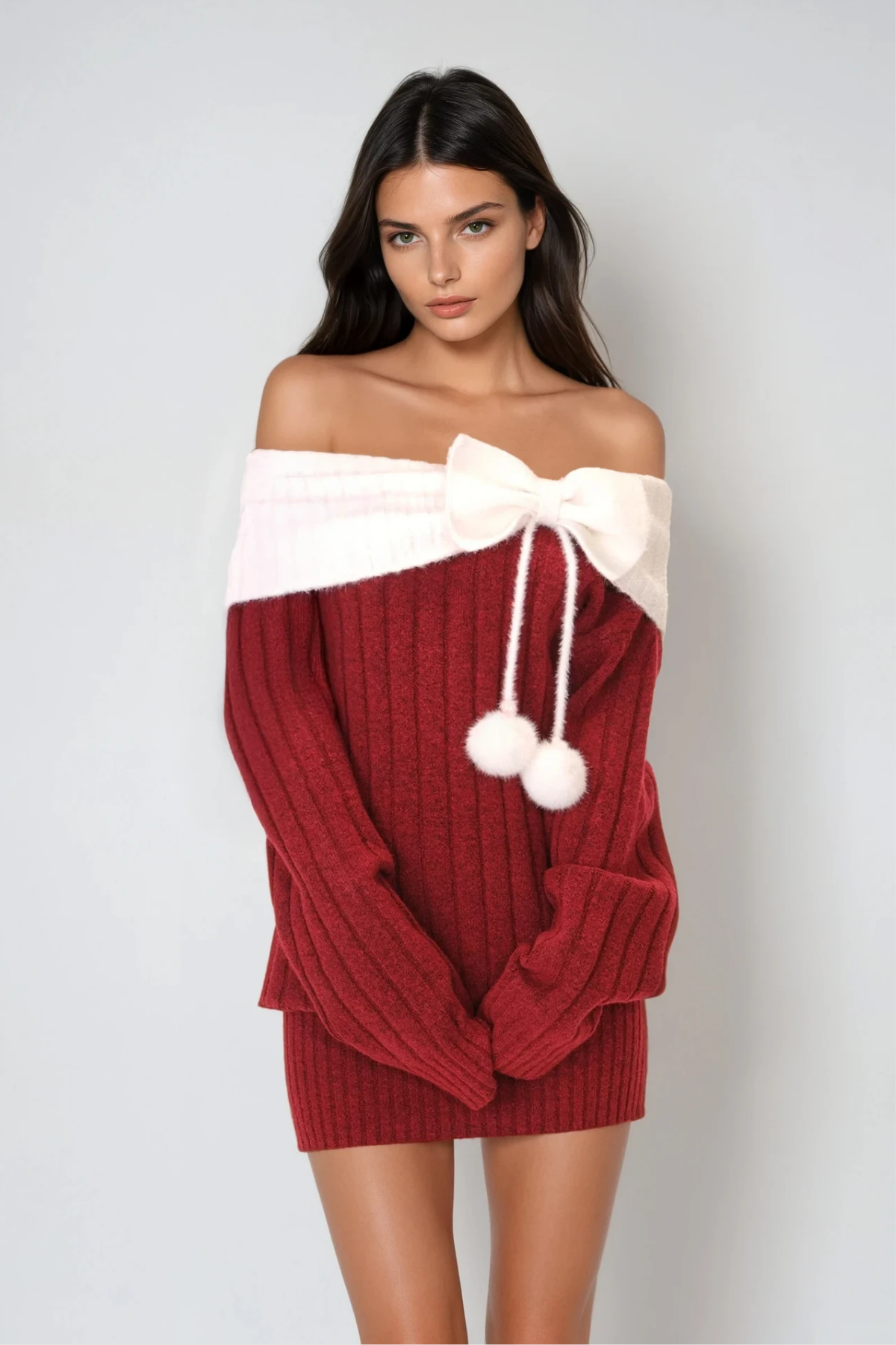 Devi Knit Off Shoulder Bow Mini Dress