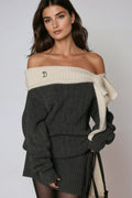 Devi Off Shoulder Bow Knit Mini Dress In Grey