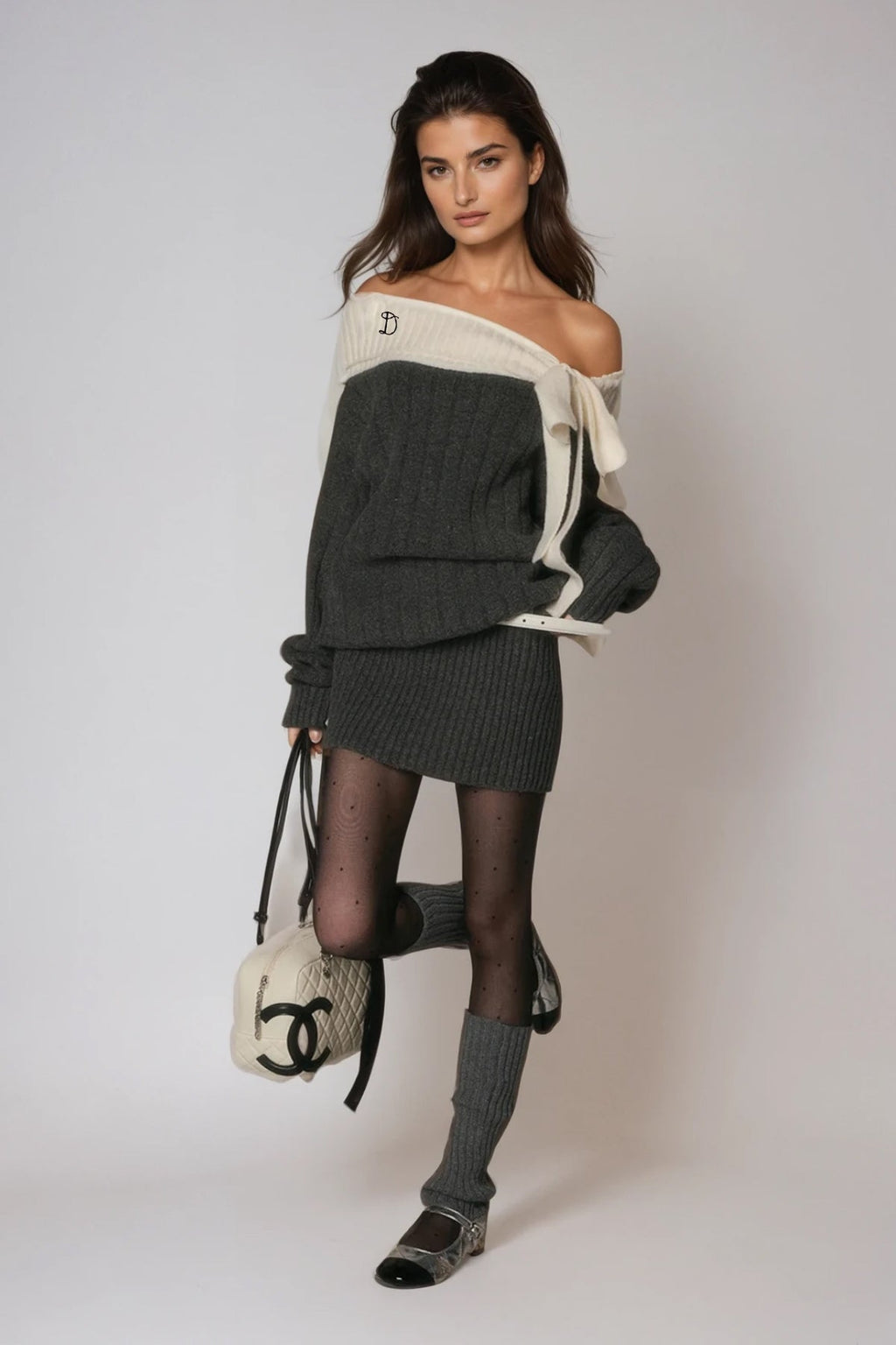 Devi Off Shoulder Bow Knit Mini Dress In Grey