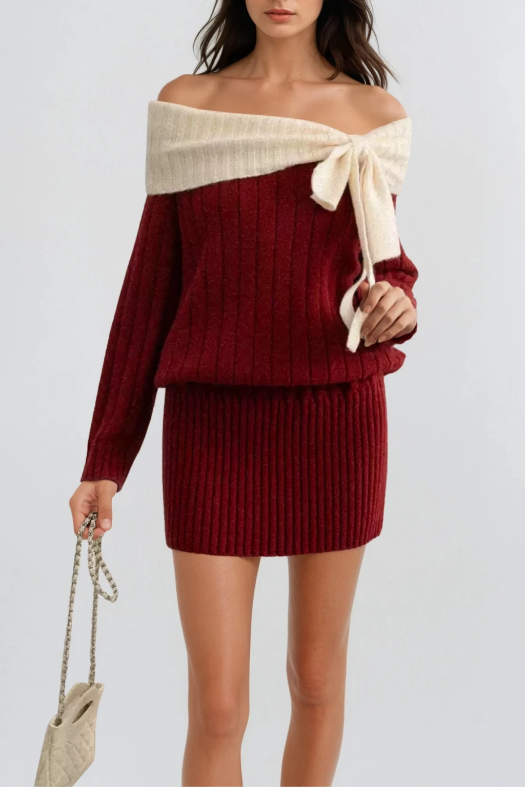 Devi Off Shoulder Knit Bow Mini Dress