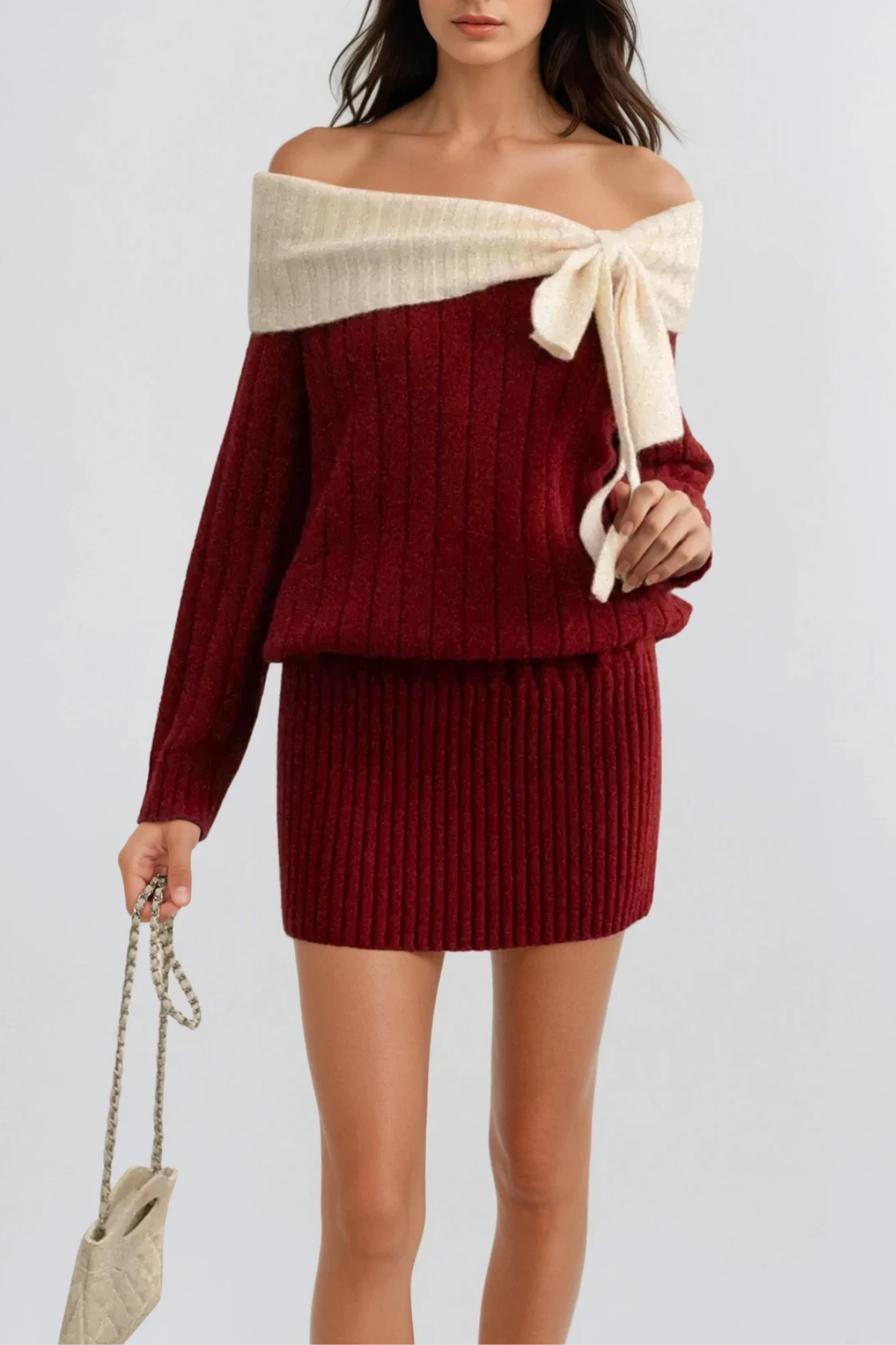 Devi Off Shoulder Knit Bow Mini Dress