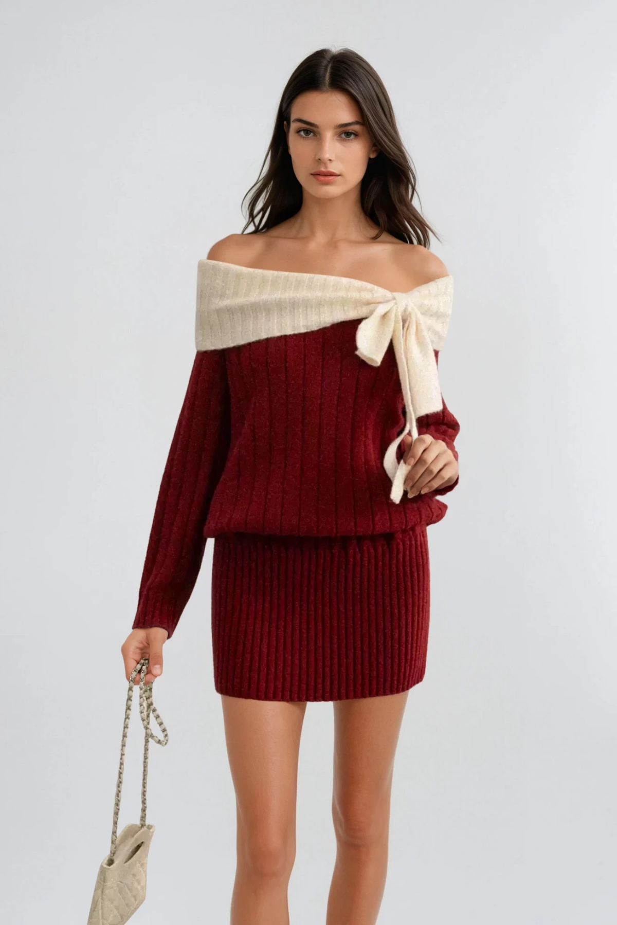 Devi Off Shoulder Knit Bow Mini Dress