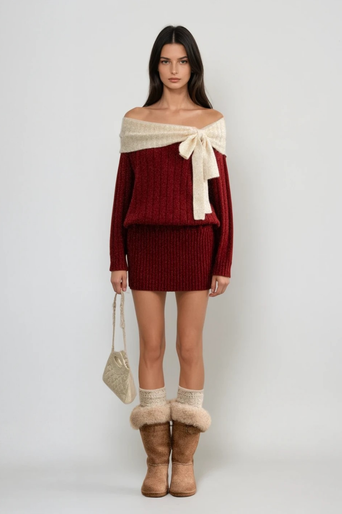 Devi Off Shoulder Knit Bow Mini Dress