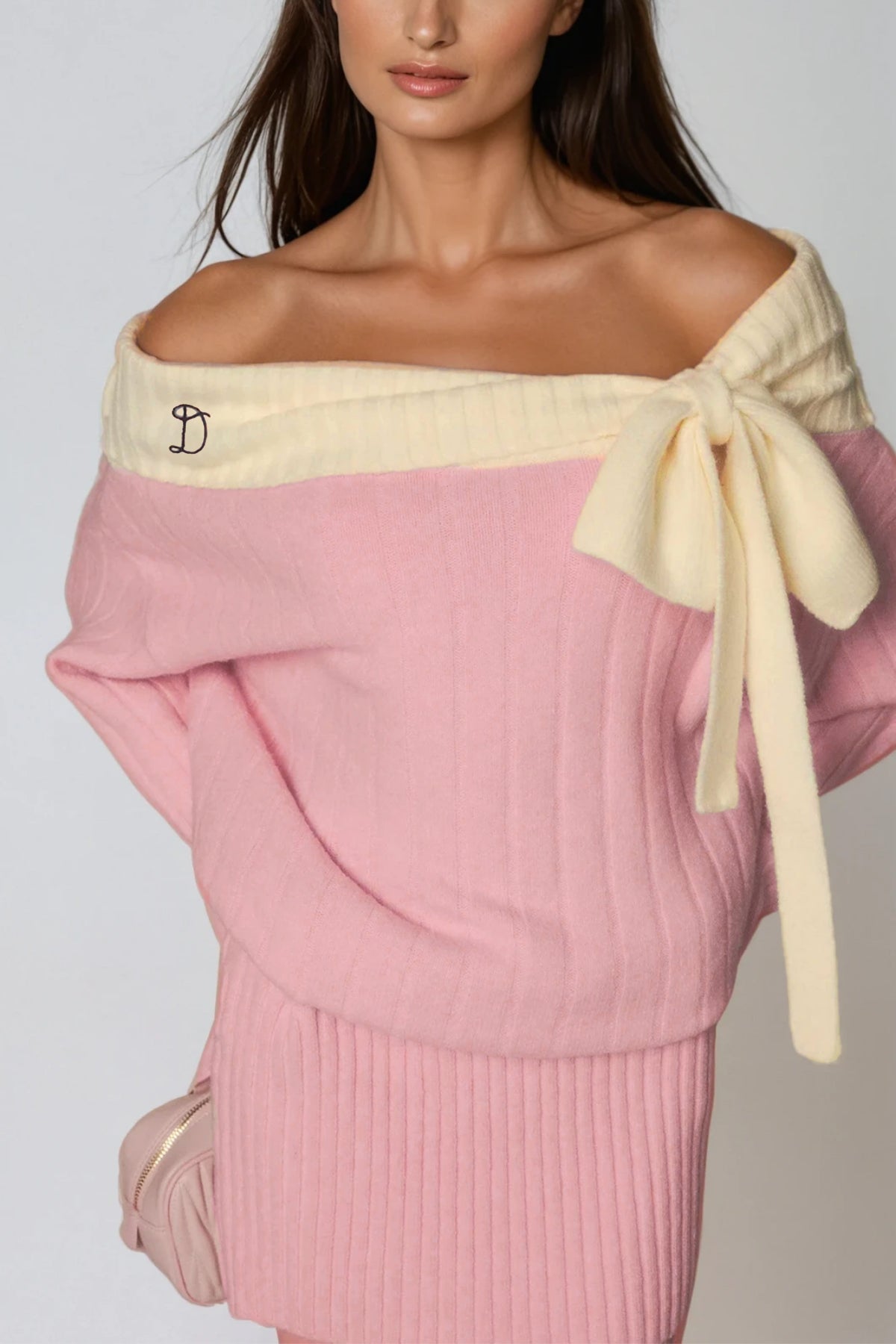 Devi Off Shoulder Bow Knit Mini Dress In Pink