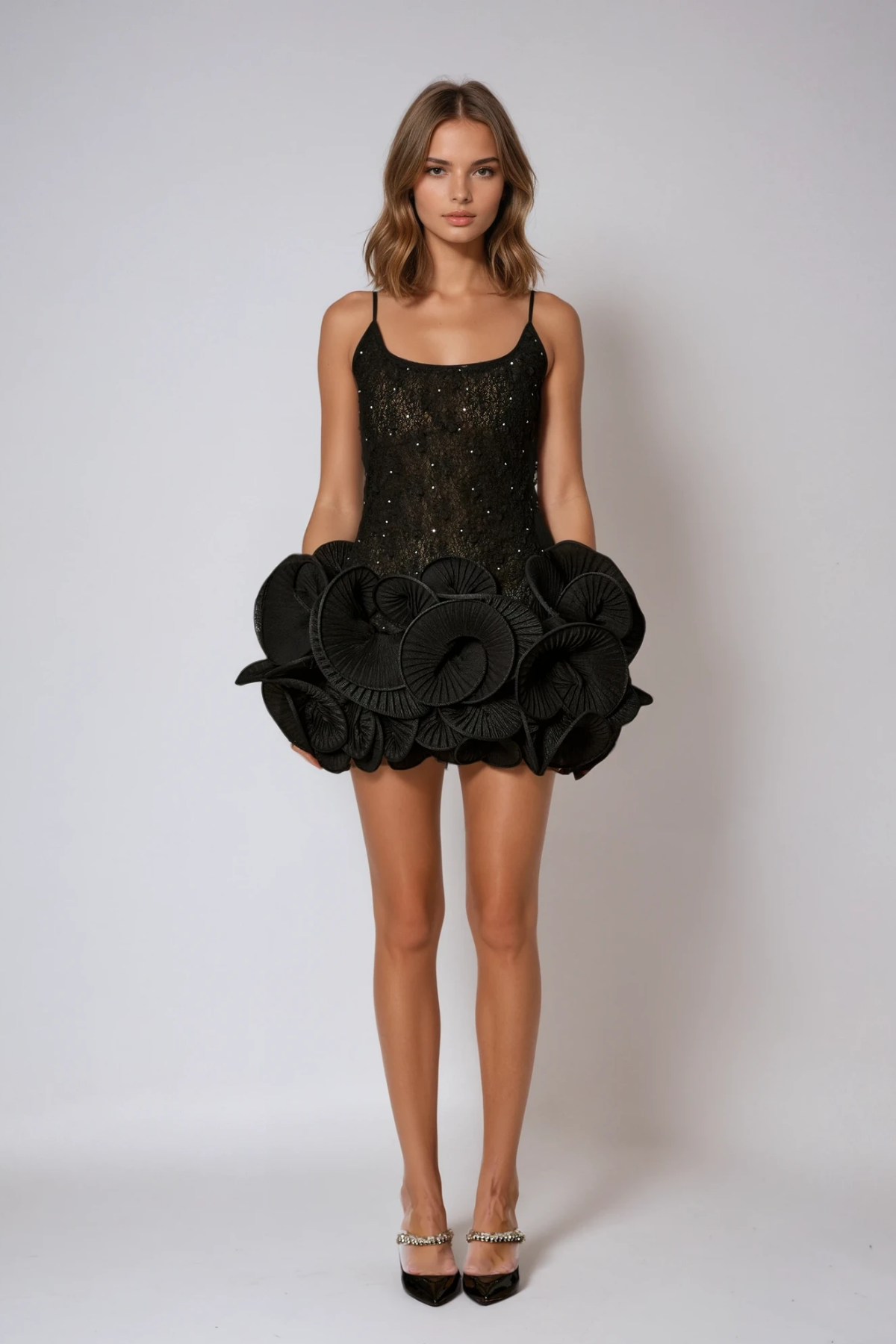 Dodie Spaghetti Rhinestone Ruffle Mini Dress