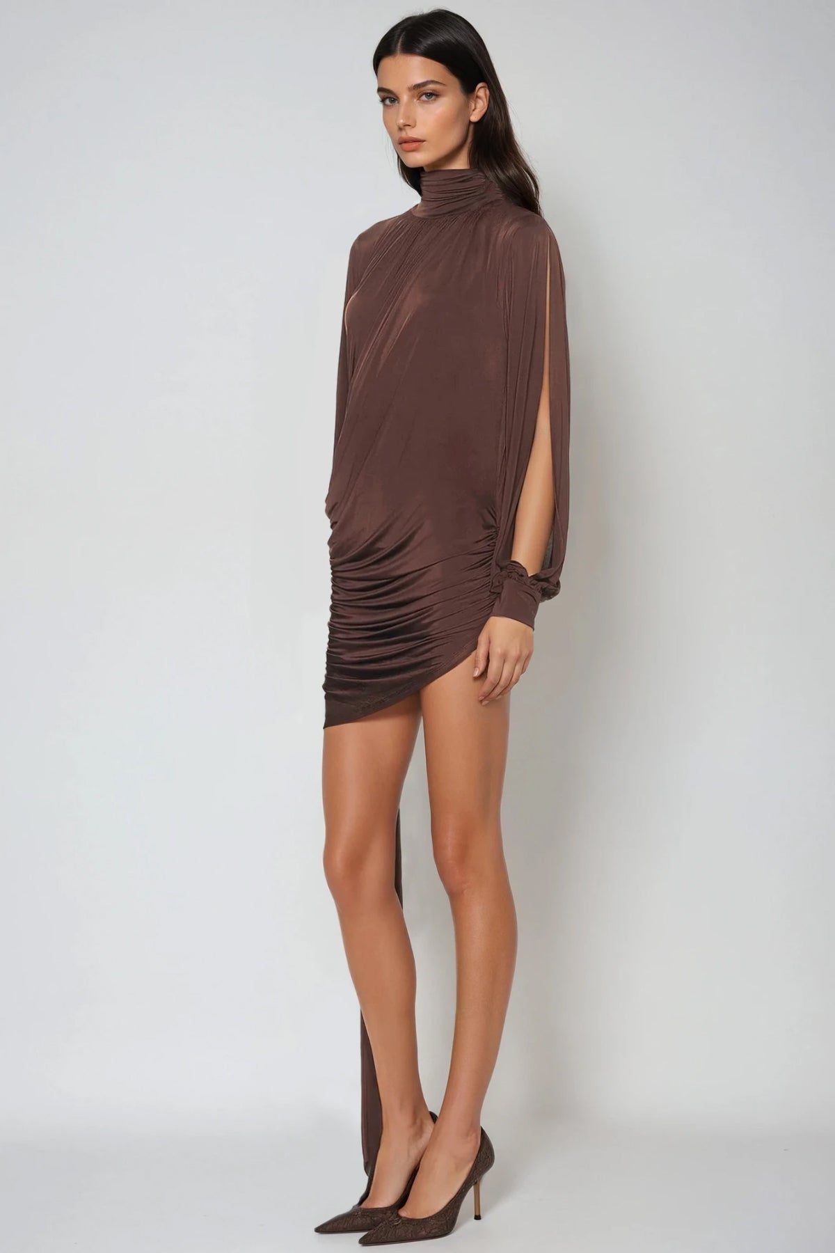 Domenica High Neck Ruch Fringe Mini Dress