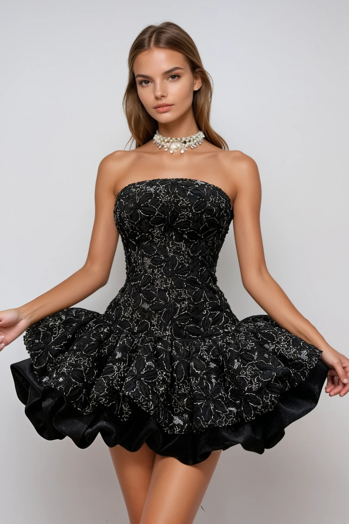 Donagh Strapless Floral Bubble Mini Dress In Black