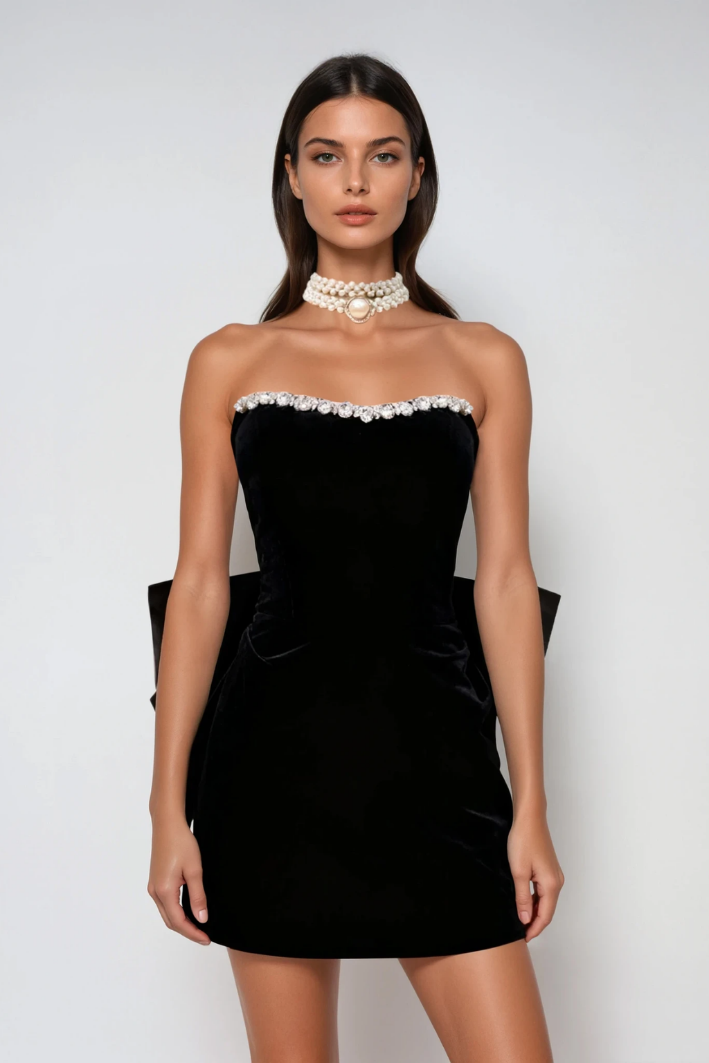 Dorcas Strapless Crystal Bow Mini Dress
