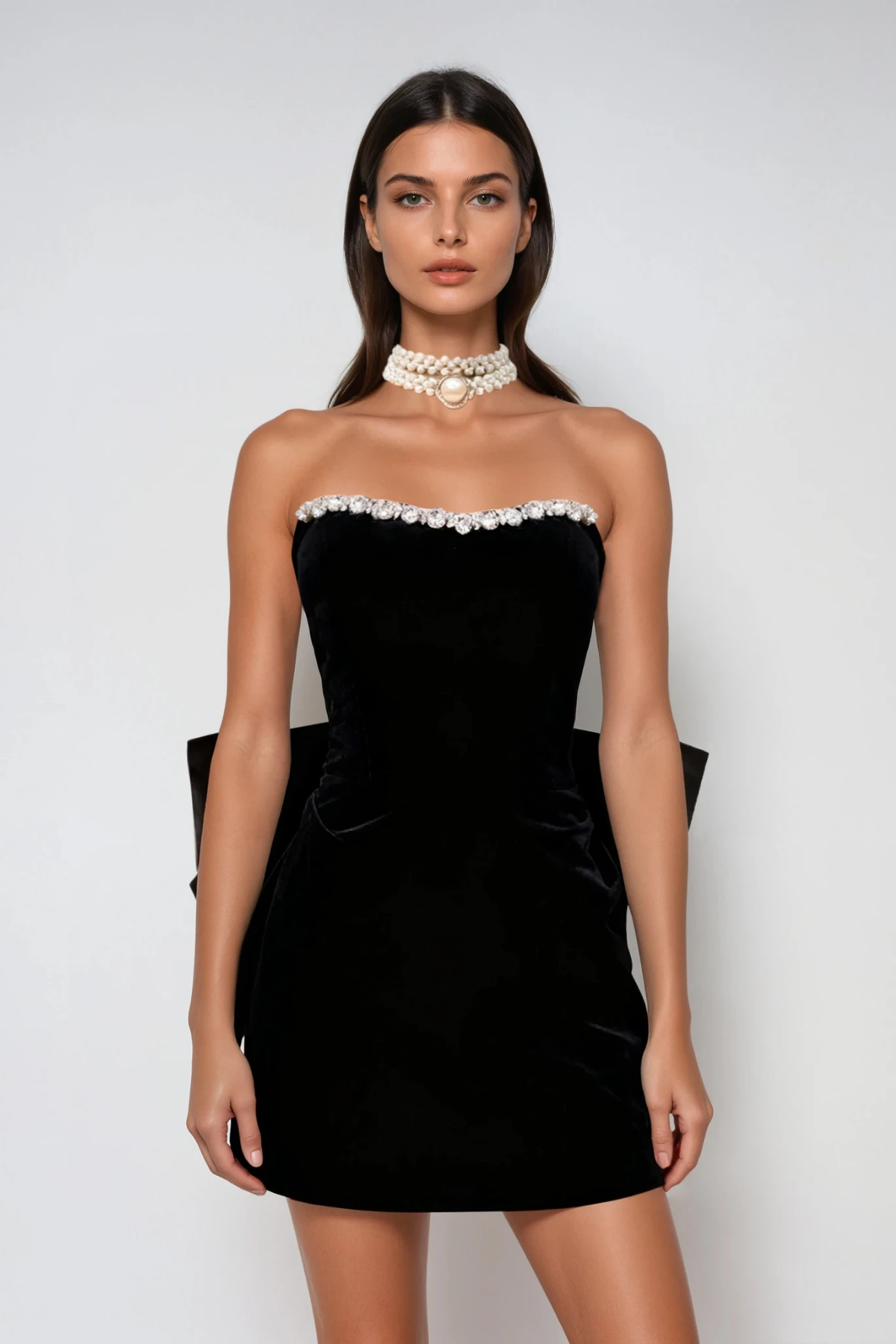 Dorcas Strapless Crystal Bow Mini Dress